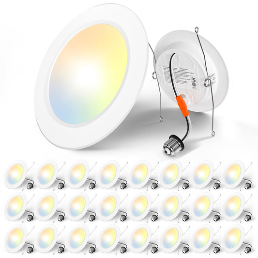 Amico Recessed Lighting 5/6 Inch, 24 Pack 5CCT Flat LED Can Lights, 2700K/3000K/4000K/5000K/6000K Selectable,12W Eqv 120W, 1050LM Brightness, Retrofit Installation - ETL & FCC