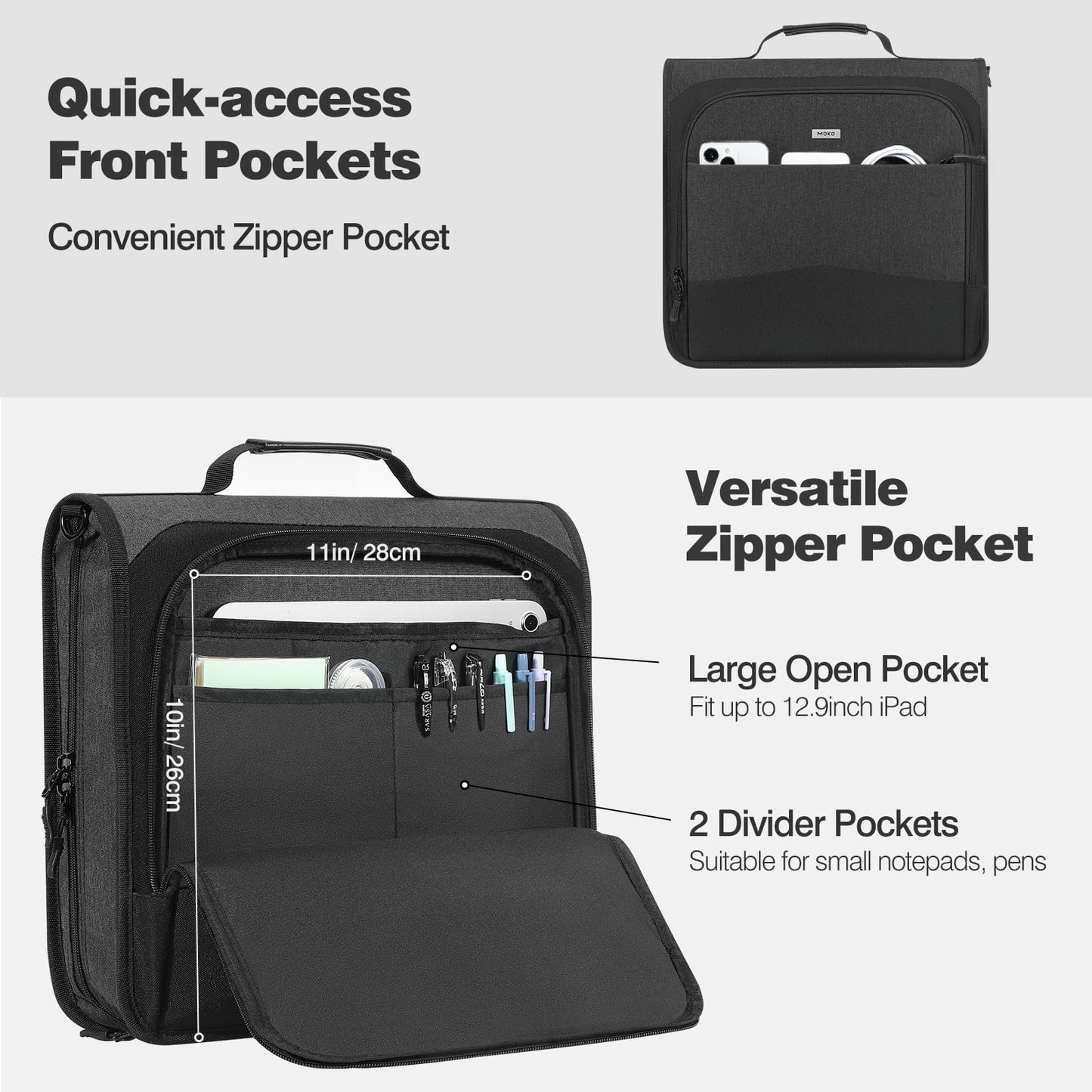 MoKo Zipper Binder with Multi-Pocket, 3-Inch 3 Ring Zipper Binder, 600 Sheets Capacity 6 Tab Expanding File Folder Multi-Pocket Zip Up Binders with Shoulder Strap & Handle for Middle School, Black
