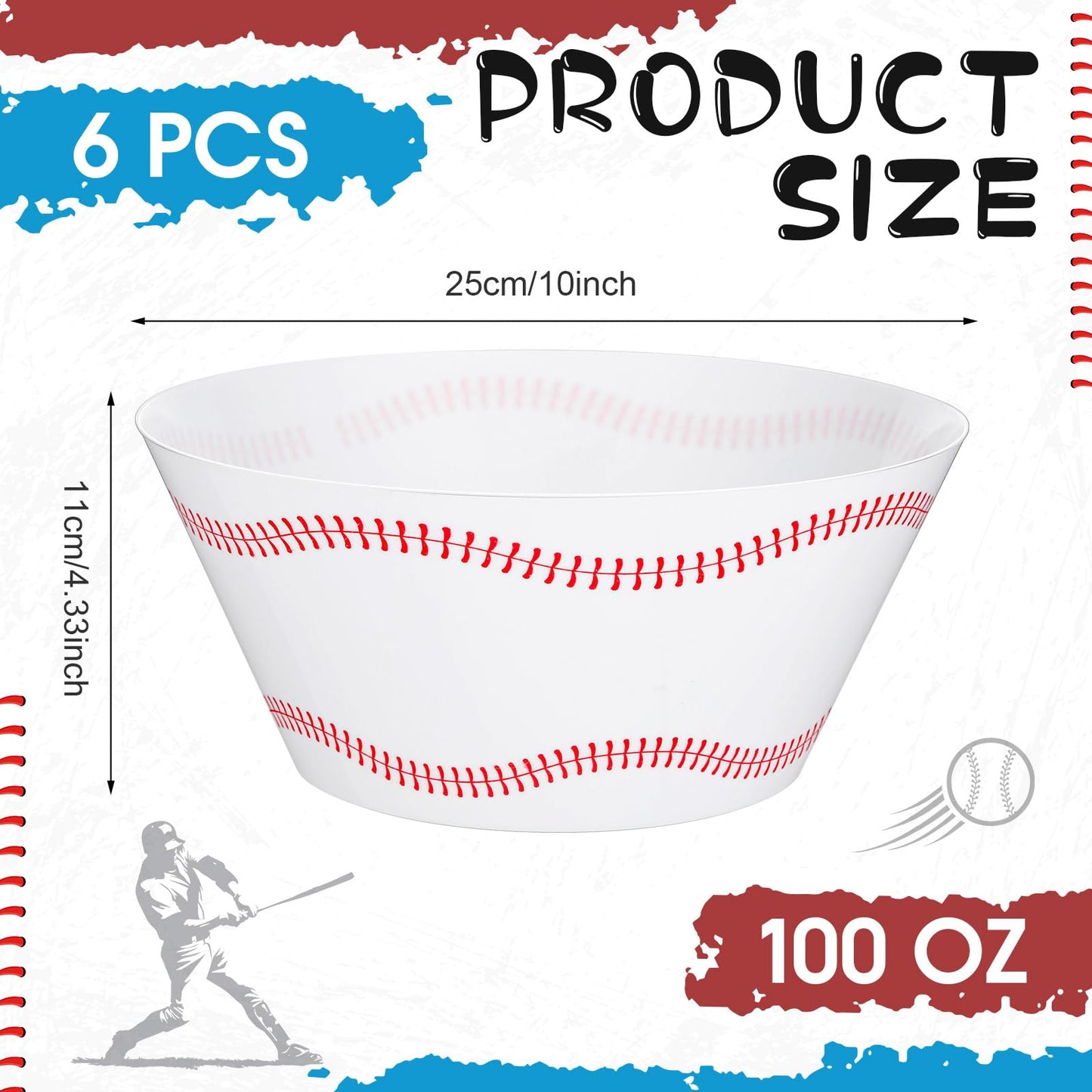 Ferrochef 6 Pcs 10 Inch Large Baseball Serving Bowls 100 oz Reusable Plastic Snack Salad Dessert Bowls Baseball Party Supplies for Team Game Sport Birthday Party Decor