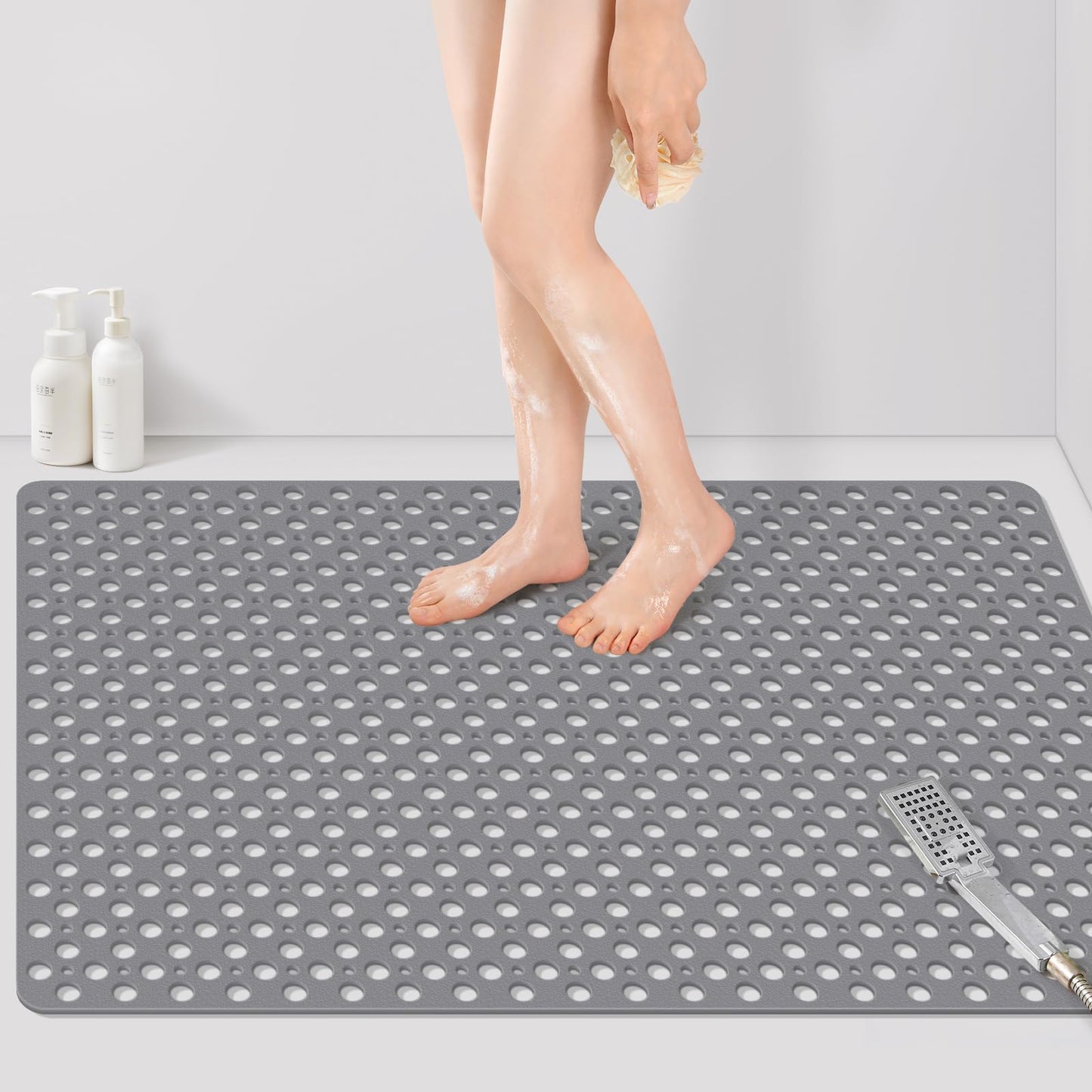 Yolife Large Shower Mat, 47 x 32 inch Non Slip Shower Mats for Inside Shower with Drain Hole, No Odor Soft TPE Shower Floor Mat, Extra Large Non Slip Shower Mat with Suction Cups, Grey