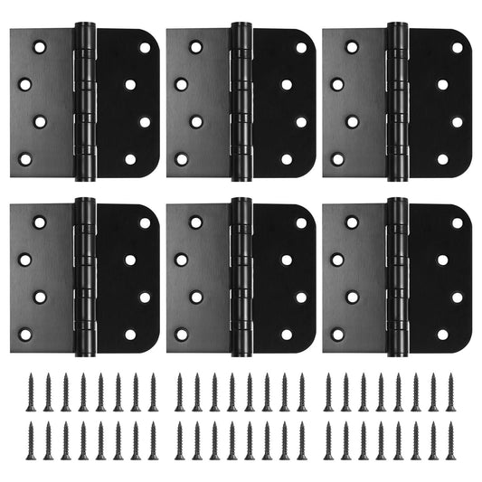 6 Pack Ball Bearing Door Hinges, 4 Inch x 4 Inch Heavy Duty Stainless Steel Door Hinges with Square & 5/8'' Round Radius Corner for Exterior & Interior Doors, Black