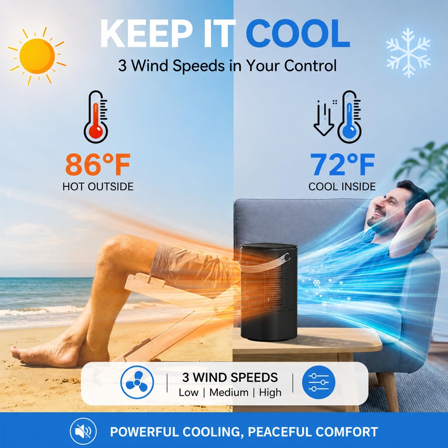 Portable Air Conditioners, 4-in-1 Mini Small Air Conditioner Evaporative Air Cooler Fan with 1000ml Water Tank, 3 Speeds & 7 LED Lights, Personal Mini AC with Timer for Bedroom, Desktop, Home, Office