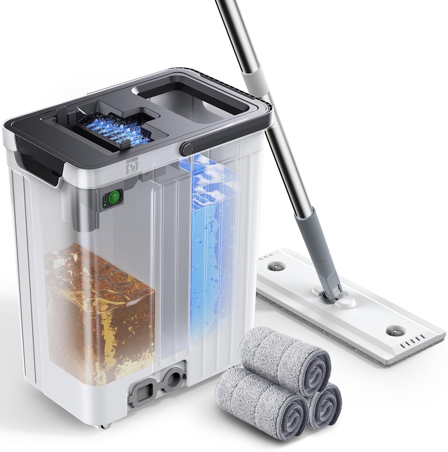 ADICOM Mop and Bucket Set | Auto-Spray Cleaning | Dirty Water Separation Keep Water Fresh | Flat Mop & Bucket with Wringer | 3x Washable Pads | High-efficiency Cleaning for All Floors Tile Wall Window