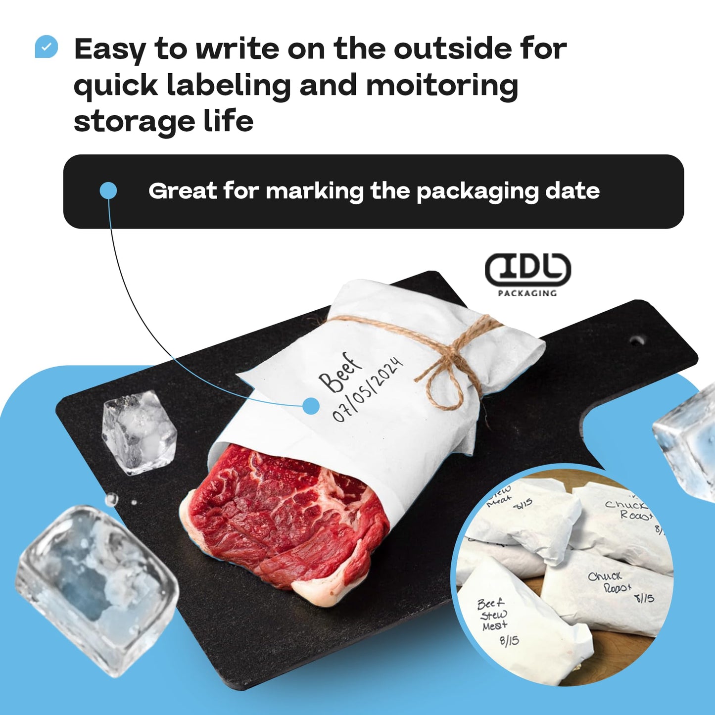 Freezer Paper Roll 24" x 1800" (150 feet) - USA-made White Paper for Freezing Food - Freezer Material with Special Coating for Meat & Fish - Strong Barrier Against Air and Moisture by IDL Packaging