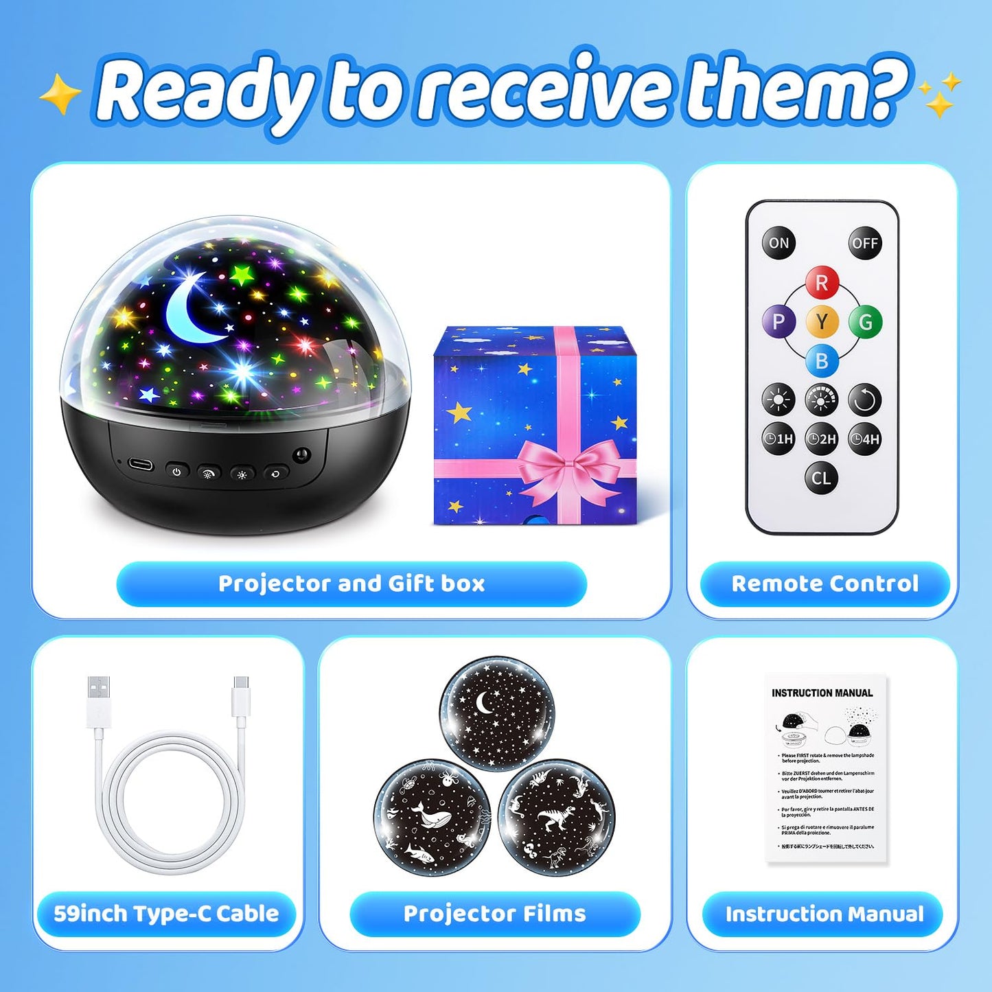Kids Night Light Projector with 3 Films & 93 Effects, Remote & 3 Timer - Rotating Dinosaur Night Light for Kids' Room