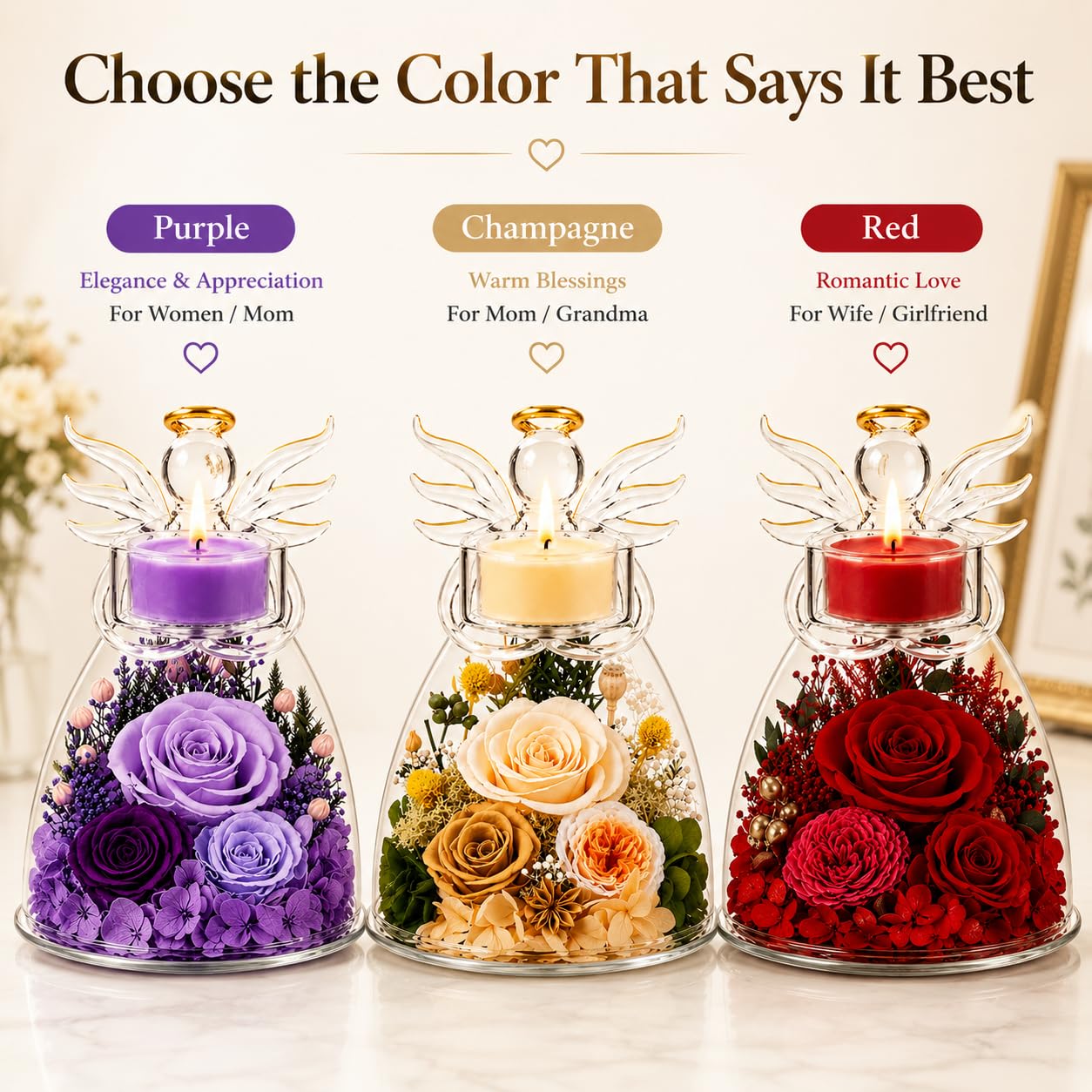 Agrul Birthday Gifts for Wife Girlfriend Women, Preserved Red Rose in Glass Angel Candle Holder, Romantic for Her, Forever Flower Home Decor