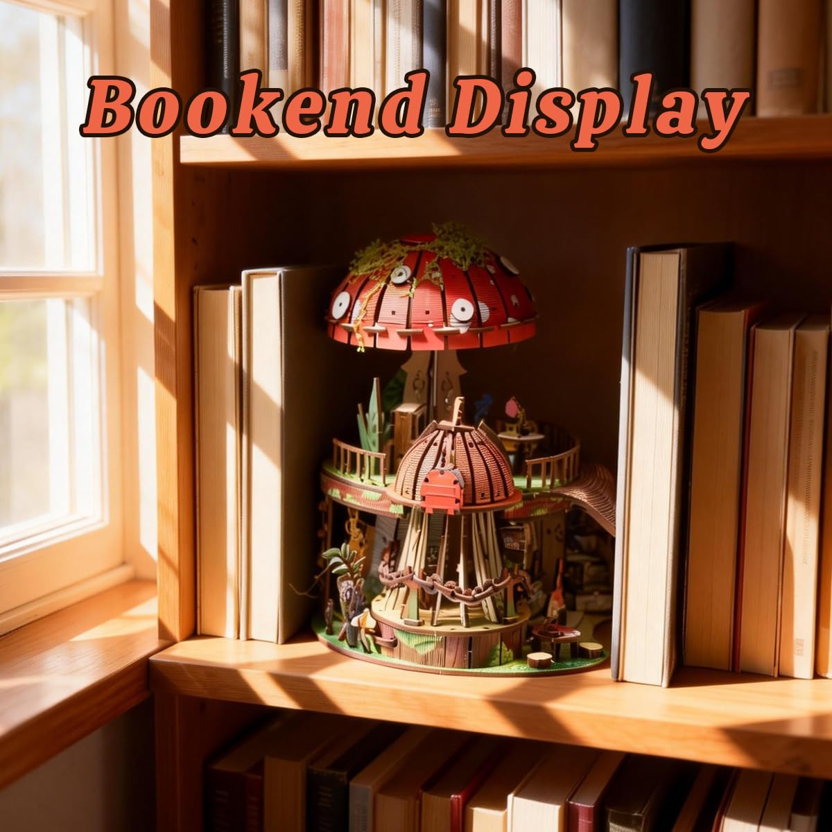 Garden Mushroom Dollhouse Book Nook Kit, DIY Miniature Wooden 3D Puzzle Dollhouse, Fantasy Bookshelf Decor Craft Building Set, Home Shelf Decoration for Adults & Teens, with String Light Edition