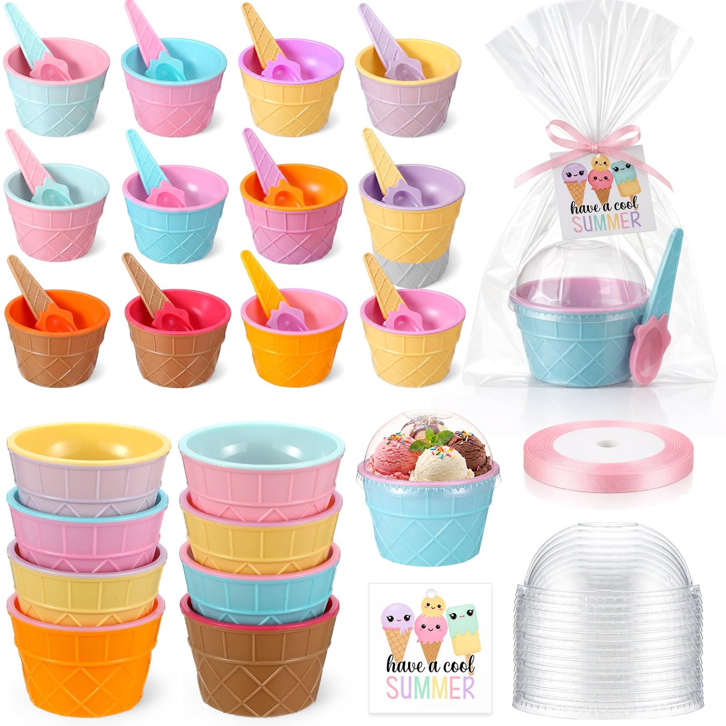Maxdot 36 Pack End of Year Gift Ice Cream Bowl Set with Spoons, Clear Dome Lids, Gift Bags & Cards and and Pink Ribbon Reusable Plastic Dessert Cups for Yogurt, Party Favors, Summer Events