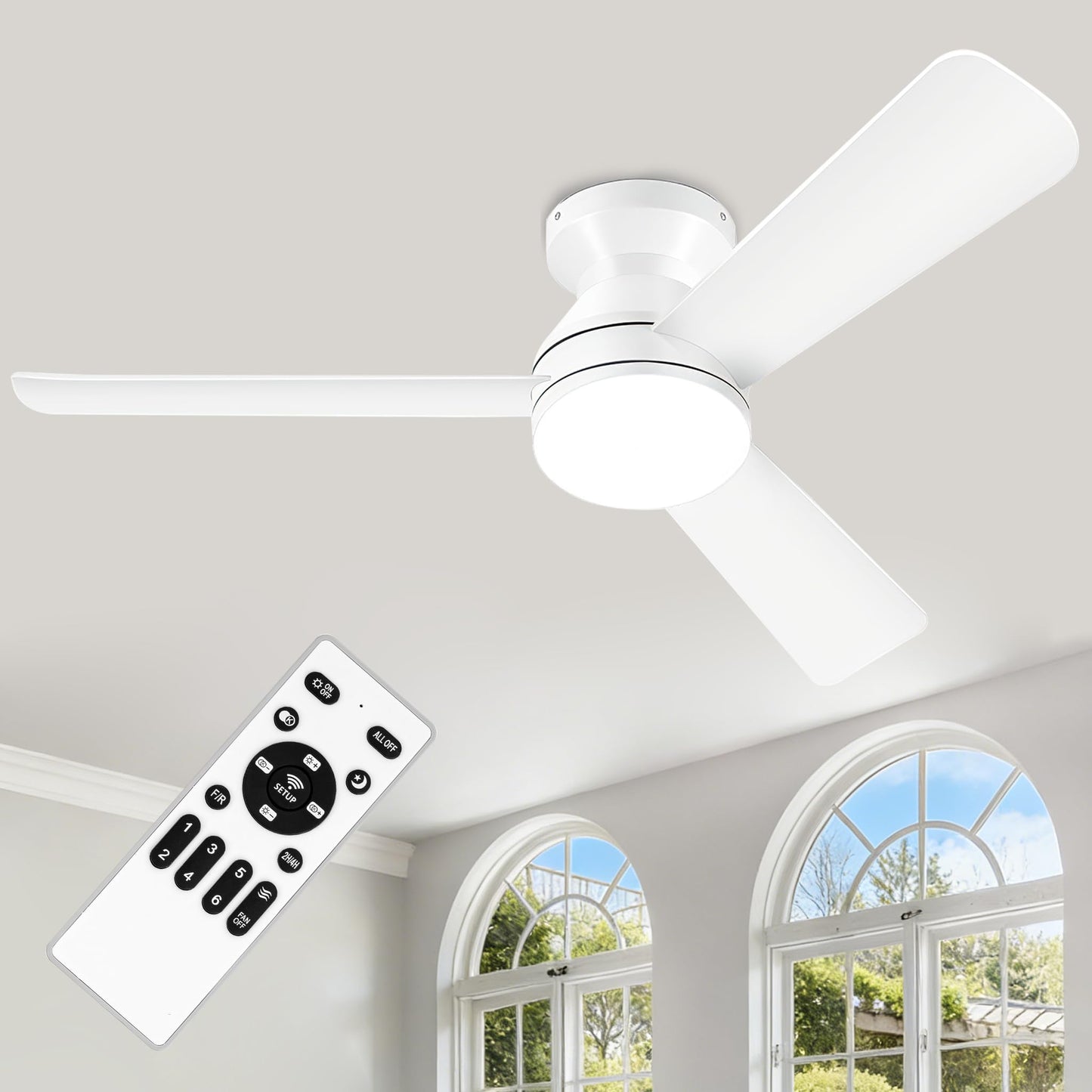 ZOEYON Ceiling Fans with Lights - 42 Inch Low Profile Ceiling Fan with Light and Remote Control, Reversible, 3CCT Dimmable, Noiseless, White Small Flush Mount Ceiling Fan for Bedroom Indoor/Outdoor