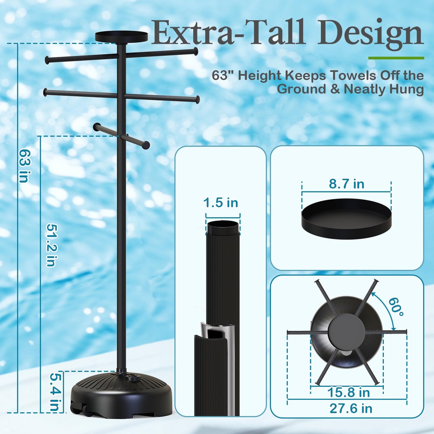 YACONA Pool Towel Rack Outdoor with Built-in Tray – Adjustable, Heavy-Duty Towel Racks & Storage for Backyards