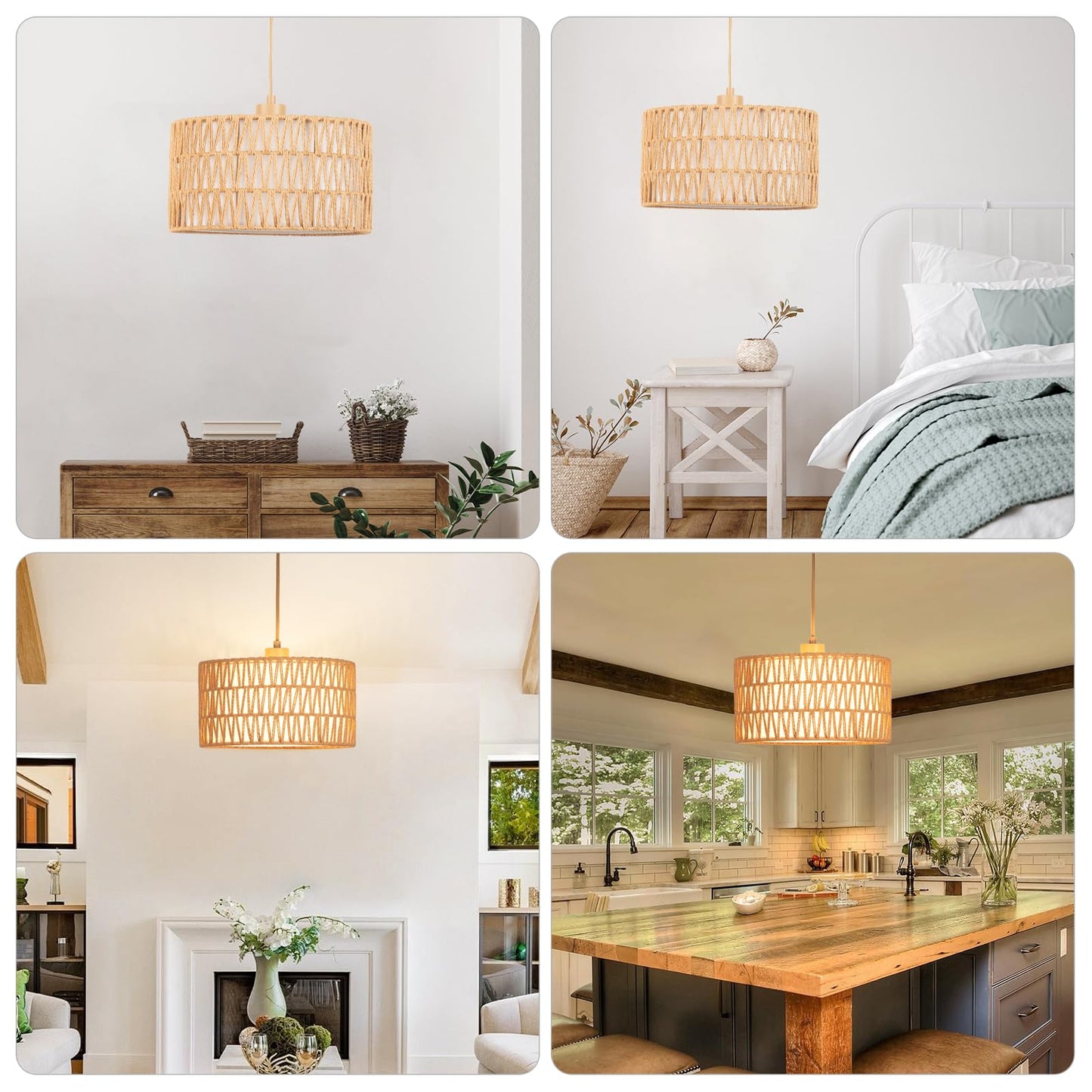 Plug in Pendant Light Rattan Hanging Lamp, Boho Hanging Lights with Paper Woven & Fabric 2 in 1 Shade, 3-Way Dimmable Bulb Included, Ceiling Light Fixture for Living Room,Bedroom,Farmhouse