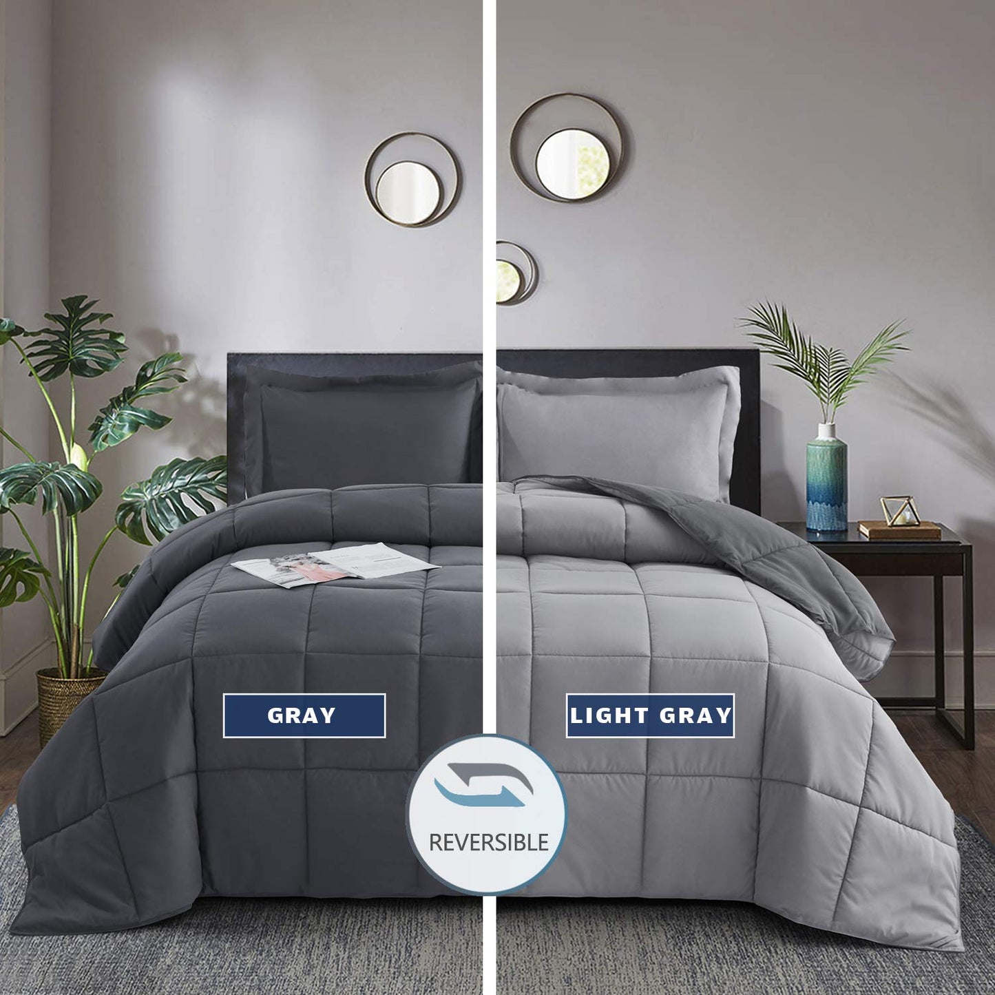 HIG 3pc Gray Full Size Comforter Set - All Season Reversible Down Alternative Comforter with Two Shams - Quilted Duvet Insert with Corner Tabs - Box Stitched Blanket - Breathable, Soft, Fluffy