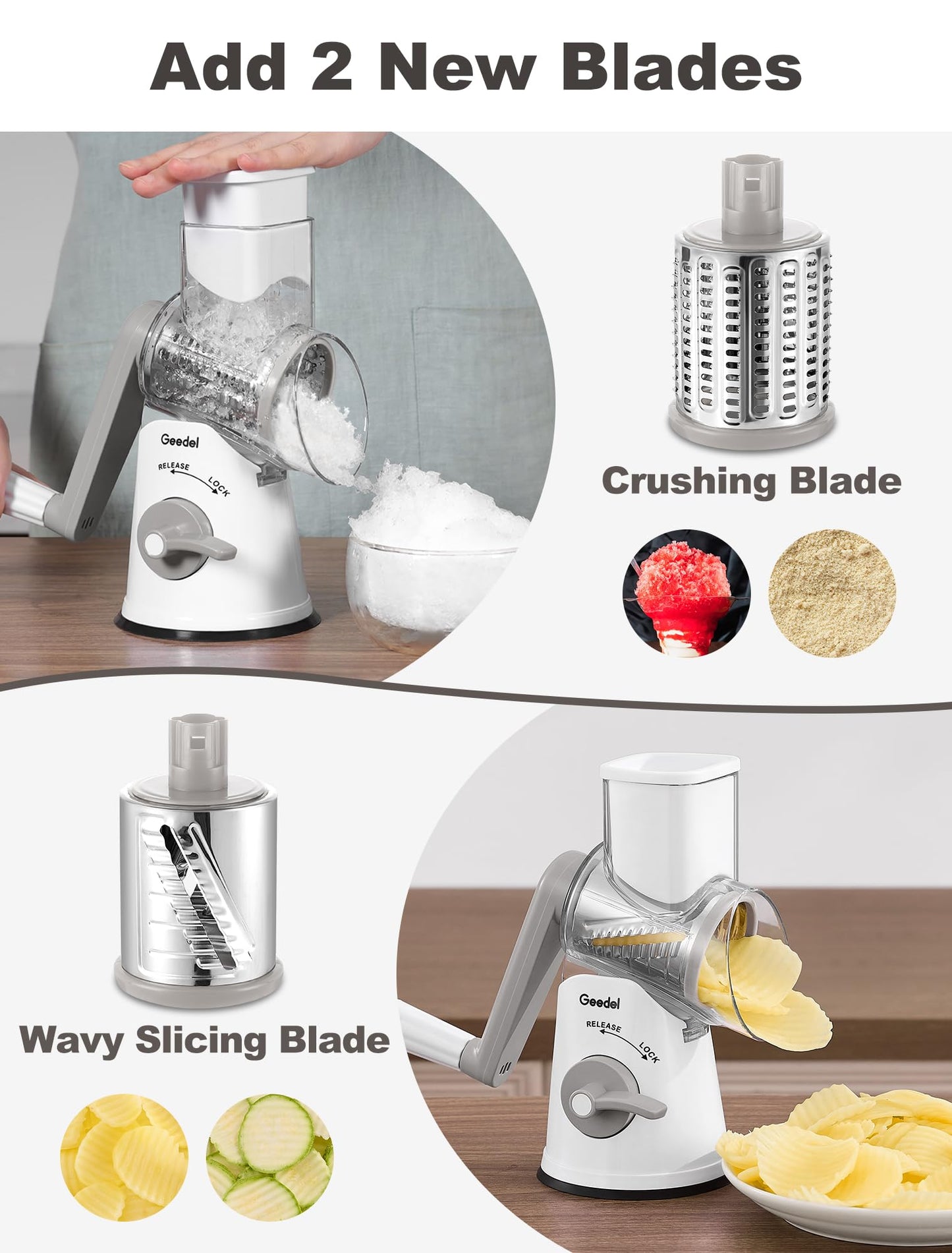 Geedel Rotary Cheese Grater Cheese Shredder with 5 Interchangeable Blades - Upgraded Rotary Grater Featuring Strong Suction Base for Cheese Shredding, Wavy Slicing, Nut Grinding, and Ice Shaving
