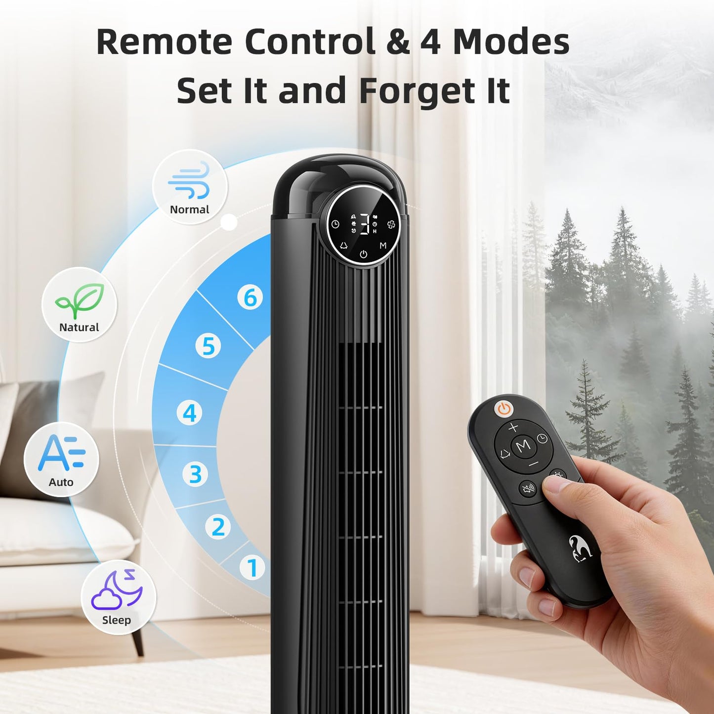 Antarctic Star T36 Tower Fan-36 Inch, Bladeless Oscillating Fan with Remote, 6 Speeds & 4 Modes, LED Display, 9H Timer, Quiet Floor Standing Fan for Bedroom Living Room Office, Black