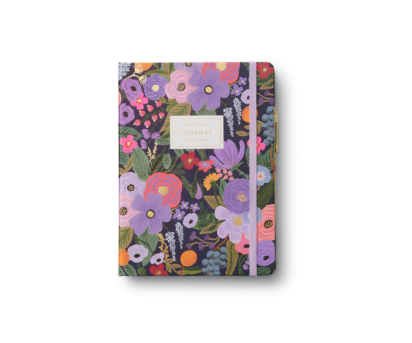 RIFLE PAPER CO. Journal with Pen | Hardcover Notebook with Foil Accents, Paper-Wrapped Grayboard, (144 Pages, Elastic Band Closure, Pocket for Extra Storage), Violet Garden Party