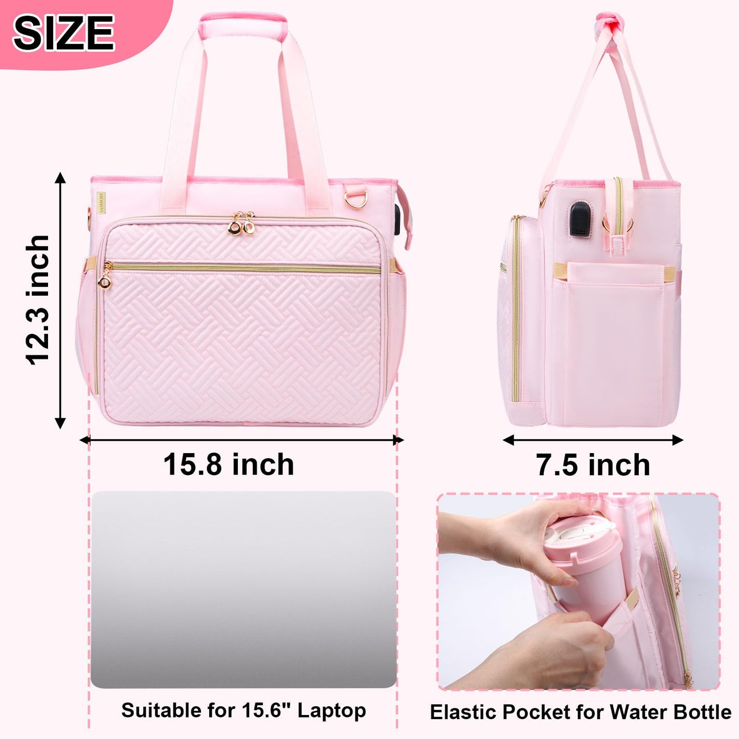 Sambois Teacher Tote Bag with Accordion File Organizer Pocket, Soft Nylon Utility Bag with 15.6 inch Laptop Compartment & USB Port, Large Work Tote Bag for Office Supplies Women (Pink)