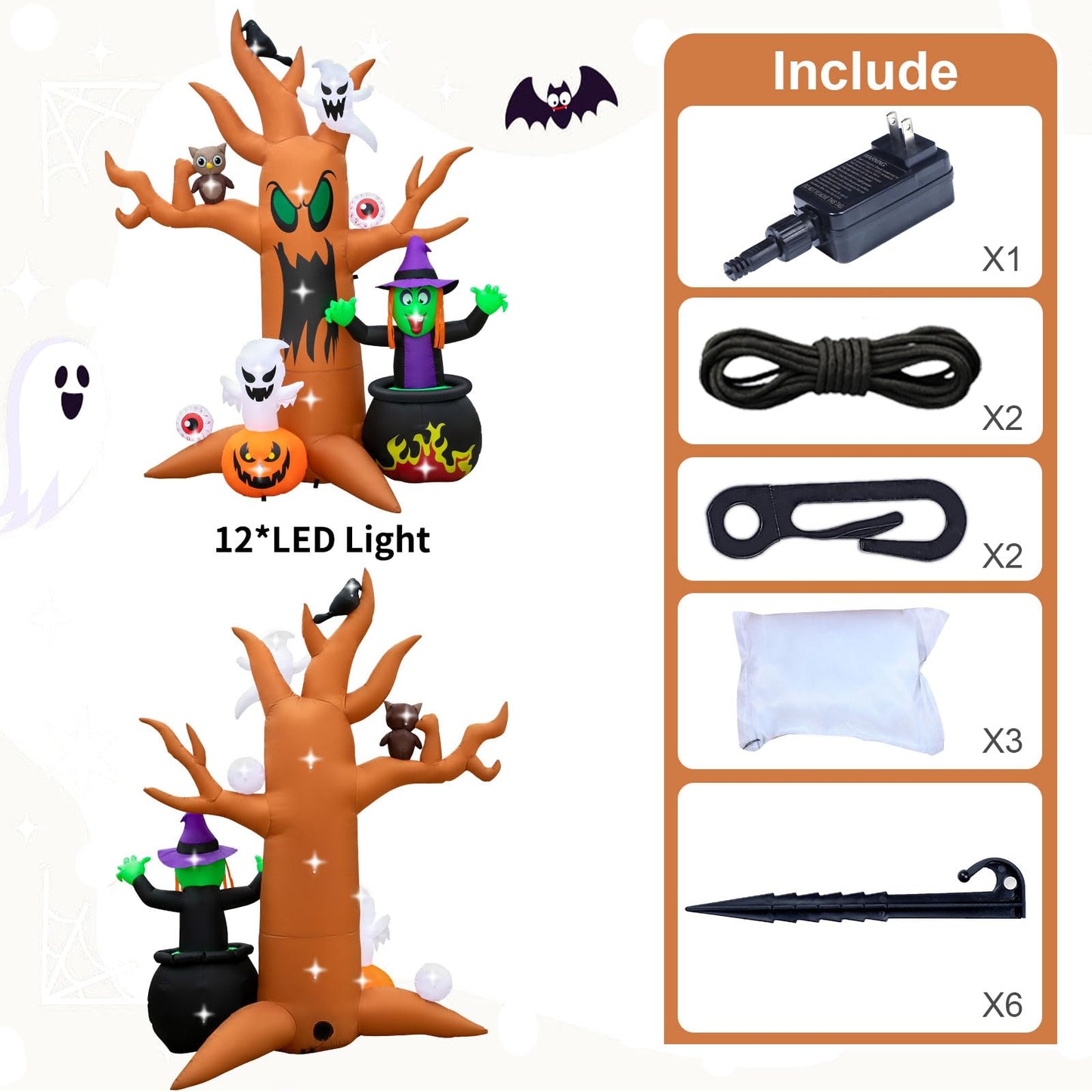 8FT Halloween Inflatables Tree Outdoor Decor with Inflatable Ghost Witch Pumpkins Blow Up Yard Decorations with LED Lights Owl Eyeballs Outside Lawn Party Decor