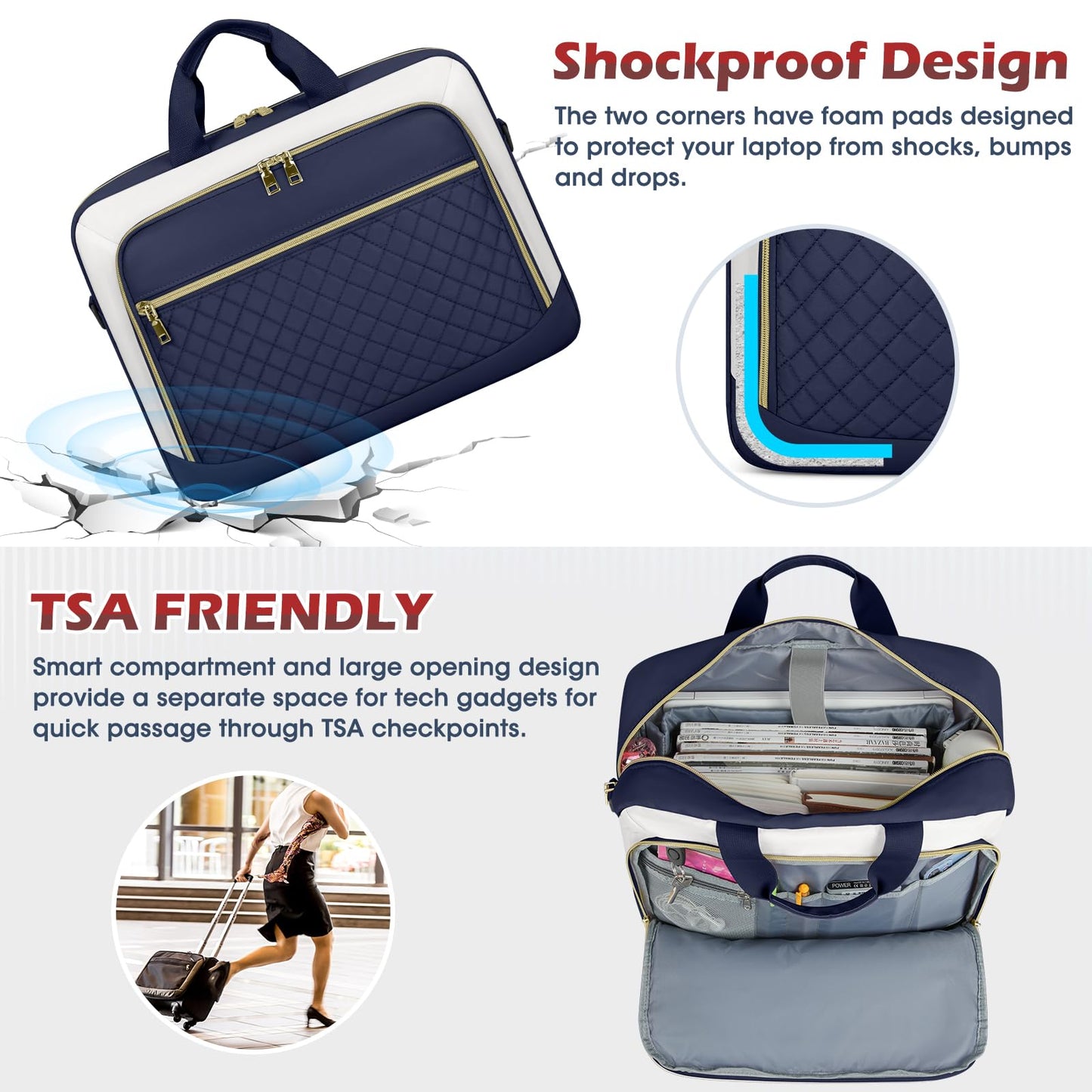 NEWHEY Laptop Bag 17.3 Inch Laptop Briefcase for Women Men Waterproof Shoulder Messenger Bag Large Computer Bag for Business Office Work College, Blue&Beige