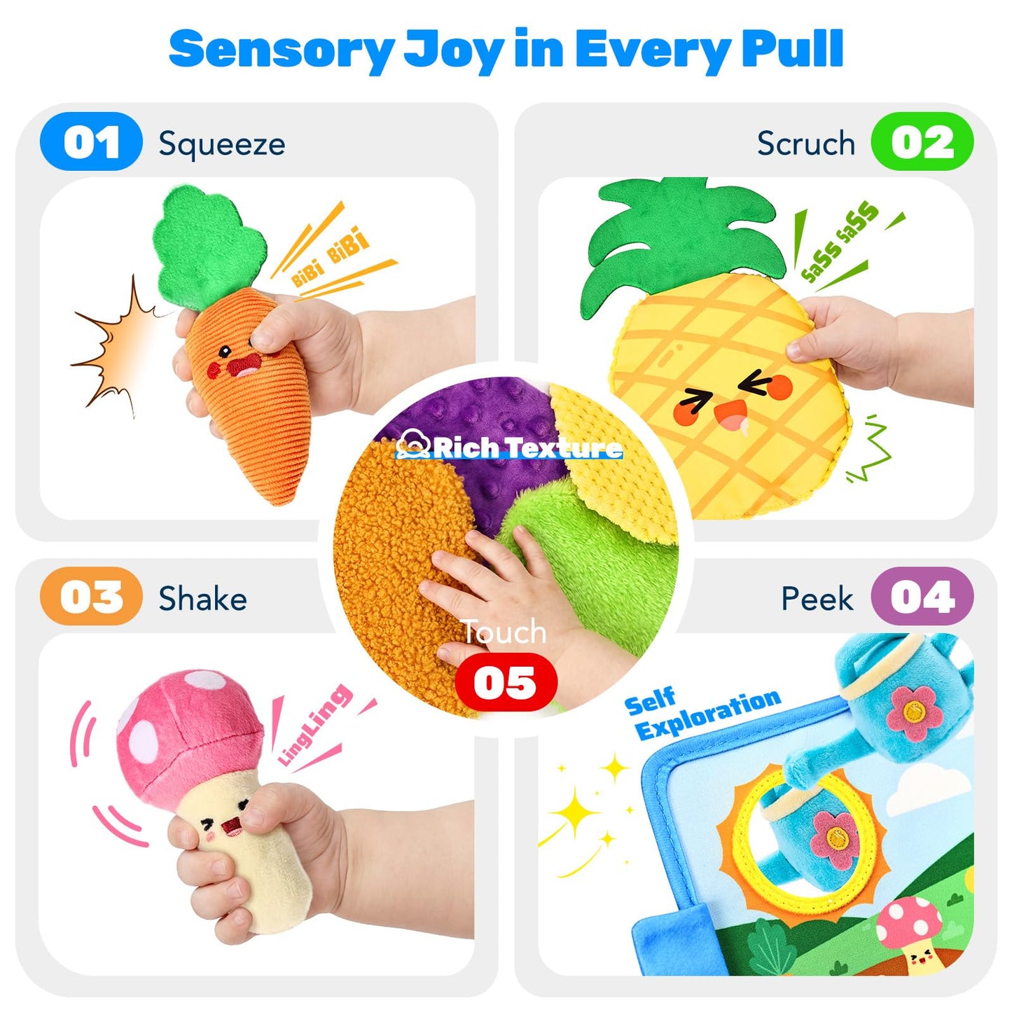 Baby Toys 6-12 Months, Montessori Sensory Garden Plush Set Vegetable Fruits, Baby Developmental Learning Toys with Rattle Squeaker Mirror Texture Tissue, Gifts for 6+ Month Old Boy Girl Christmas