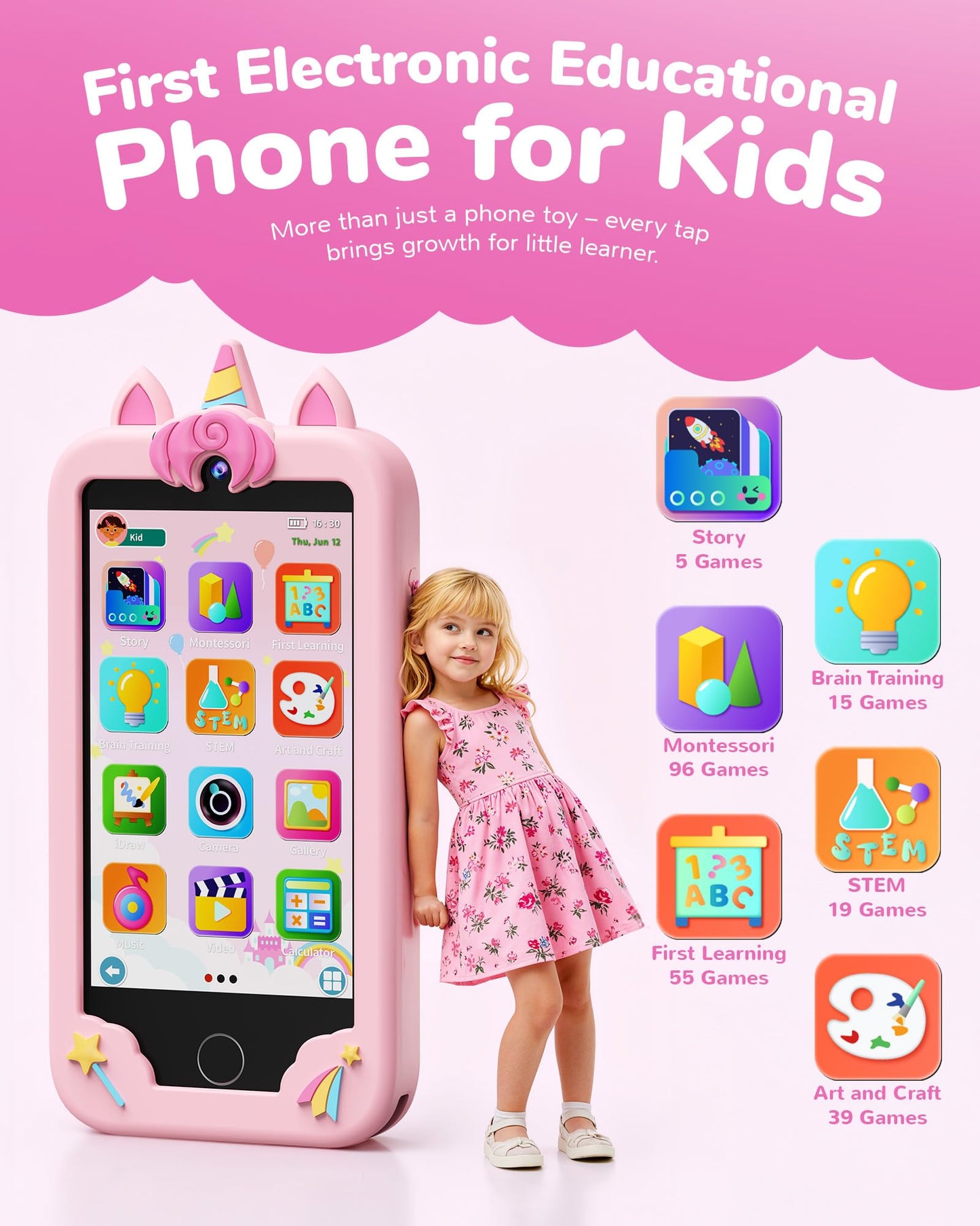 KOKODI Kids Phone, 4 Inch Toddler Camera (Pink)