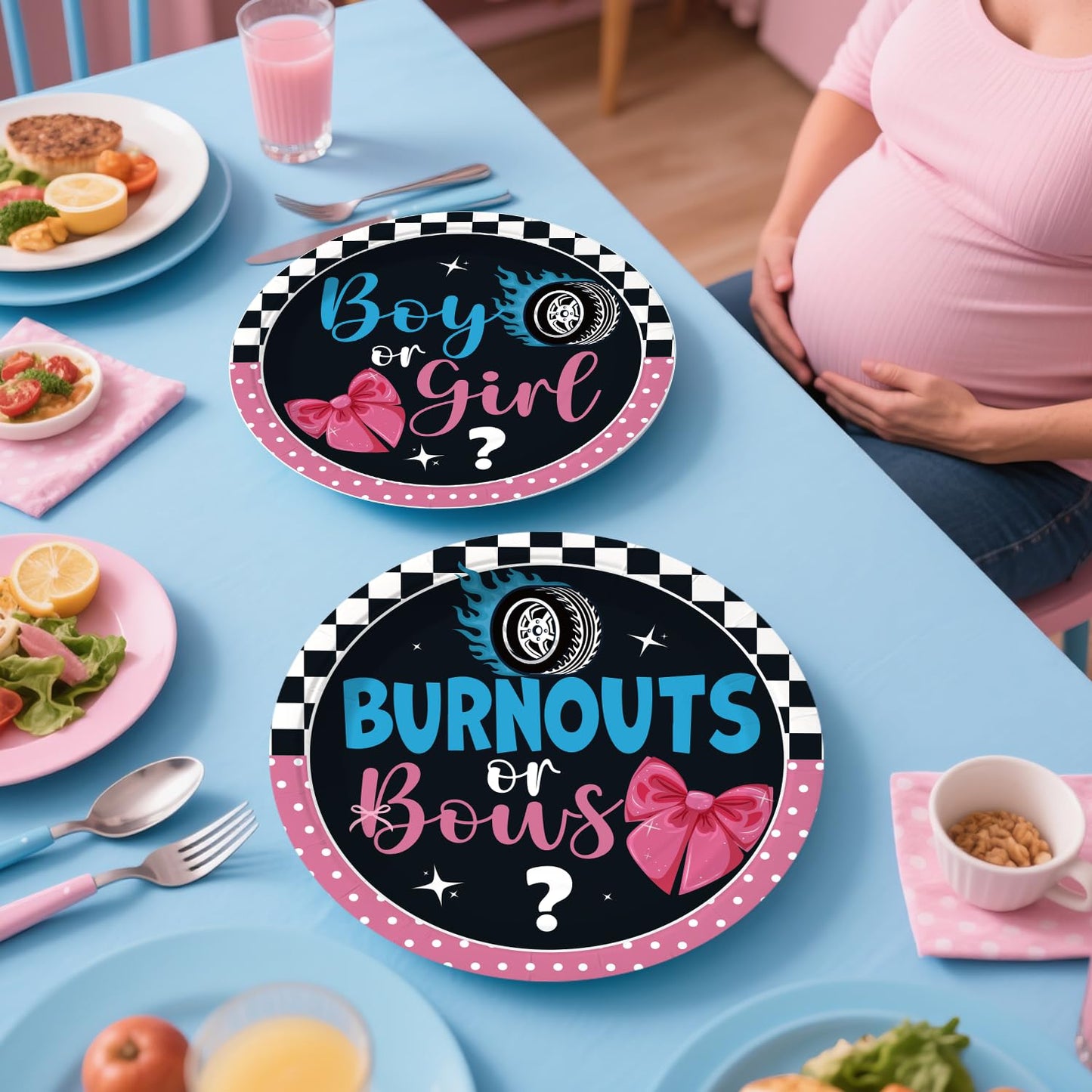 Cocomigo 287pcs Burnouts or Bows Gender Reveal Decorations, One-stop Baby Gender Reveal Decorations Include Burnouts or Bows Plates Backdrop Tablecloths Balloon and Stickers