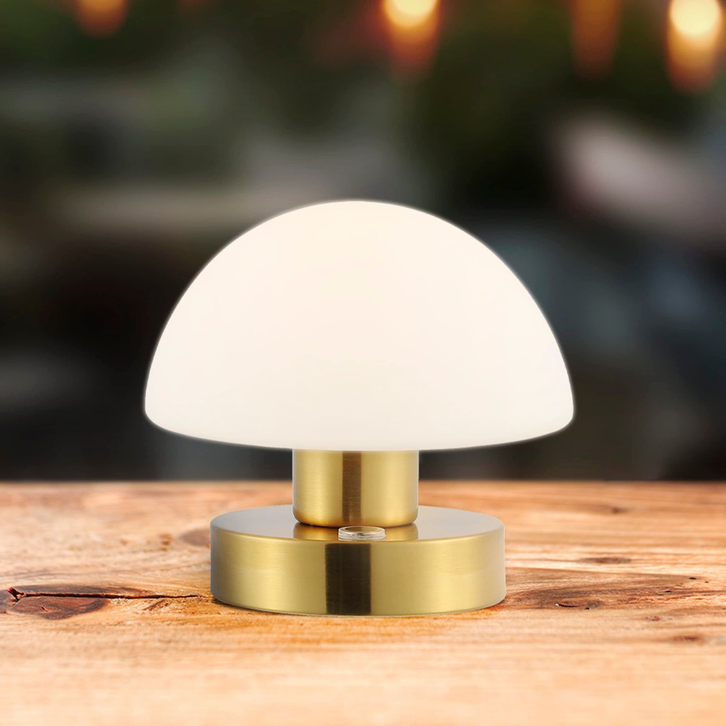 JONATHAN Y 5.75" Brass Gold/White Rechargeable Portable LED Table Lamp, Cordless Mushroom Accent Light for Bar, Nightstand, with Frosted White Glass Shade (JYL7113C)
