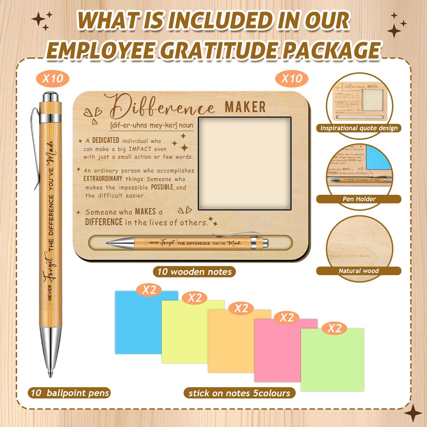 Kosiz 10 Set Difference Maker Appreciation Gifts Bulk for Employee Coworkers Wooden Inspirational Sticky Note Holder Set Thank You Appreciation Gifts for Team Staff Teachers Boss Nurse