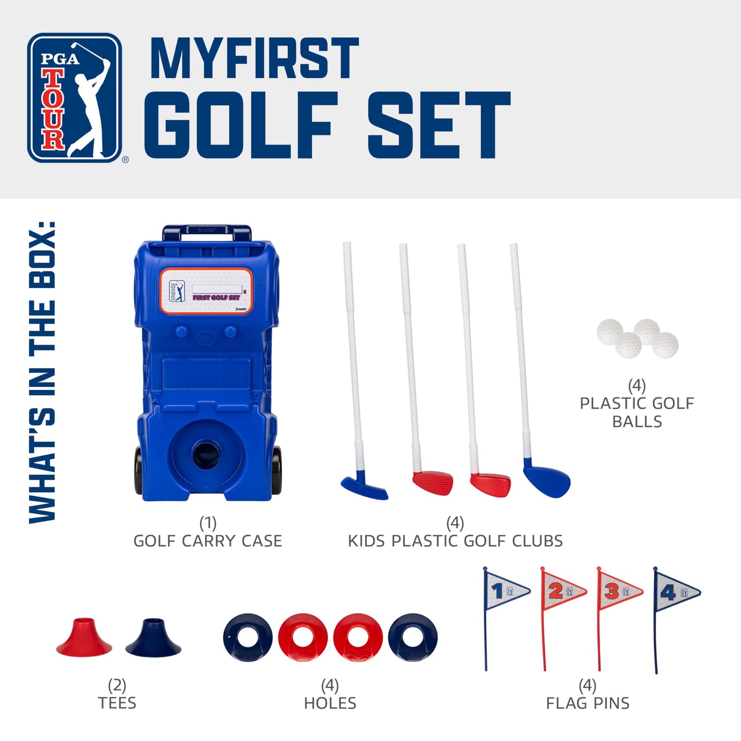 Franklin Sports Kids Toy Golf Set -PGA Tour MyFirst Plastic Golf Clubs+Balls Set for Kids + Toddlers - Mini Toy Righty+Lefty Golf Club Set-Includes Carry Case, (2) Tees,(4) Balls,(4) Holes with Flags