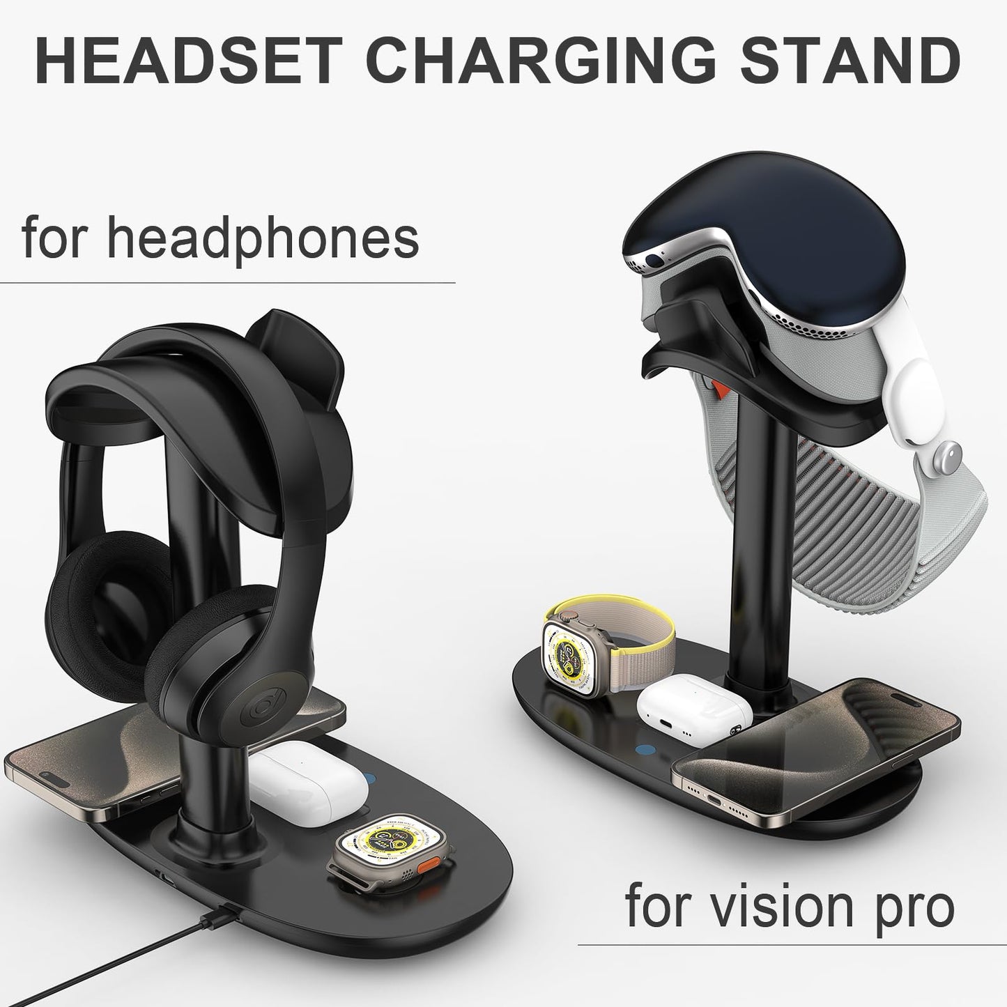 Stand for Apple Vision Pro with Wireless Charger, Suguder 4 in 1 Headphones Holder with Charging Station for AirPods Max/Pro/3/2 iWatch 10/9/8/7/6/5/4 iPhone 16/15/14/13/12 for Desktop Table Game