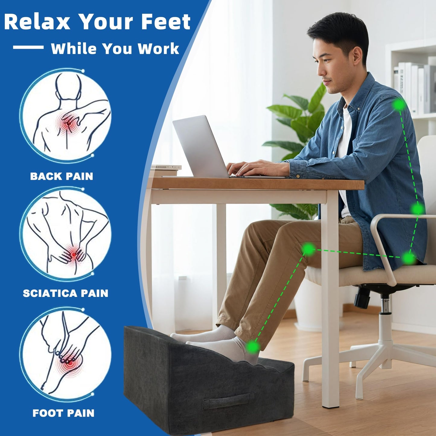 XYRONICA Foot Rest Under Desk, Ergonomic Foot Stool, Comfortable Office Footrest with Curved Design, with Washable Cover for Home and Office, Relieves Leg Pressure (Dark Gray)