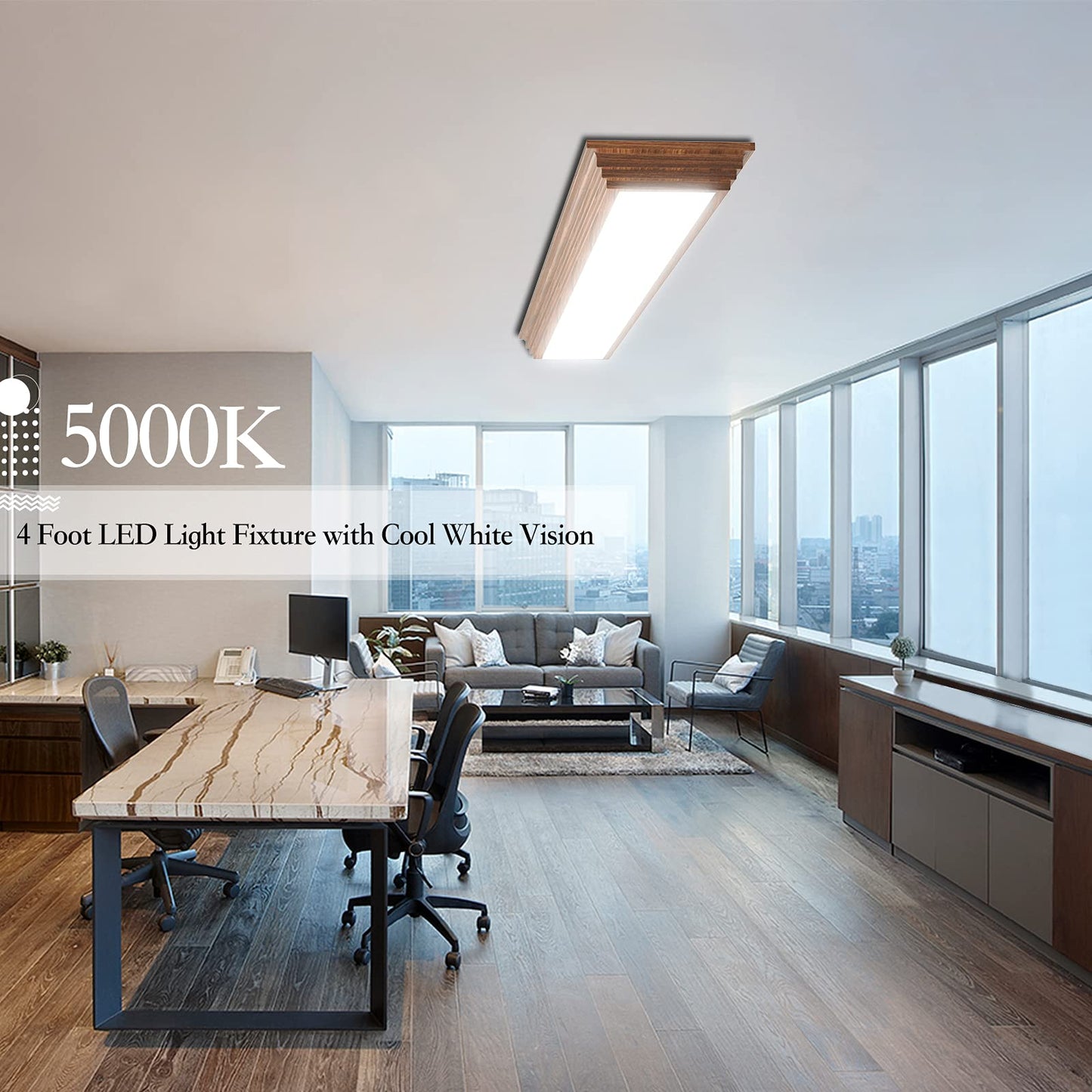 FAITHSAIL 4FT LED Light Fixture with 3000K/4000K/5000K CCT Selectable Dimmable 4 Foot LED Linear with Wooden Look 50W 5500LM Flush Mount Ceiling Wraparound for Kitchen, Bedroom, Laundry
