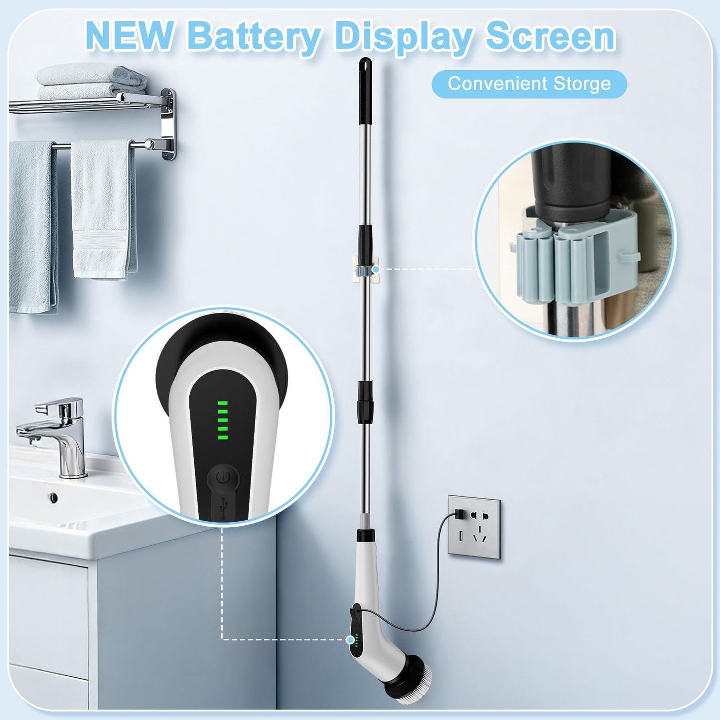 Homlab Electric Spin Scrubber, Cordless Cleaning Brush with 8 Replaceable Brush Heads, Shower Scrubber with Adjustable Extension Handle, Waterproof Power Scrubber for Bathroom Tile Floor Tub Car Walls