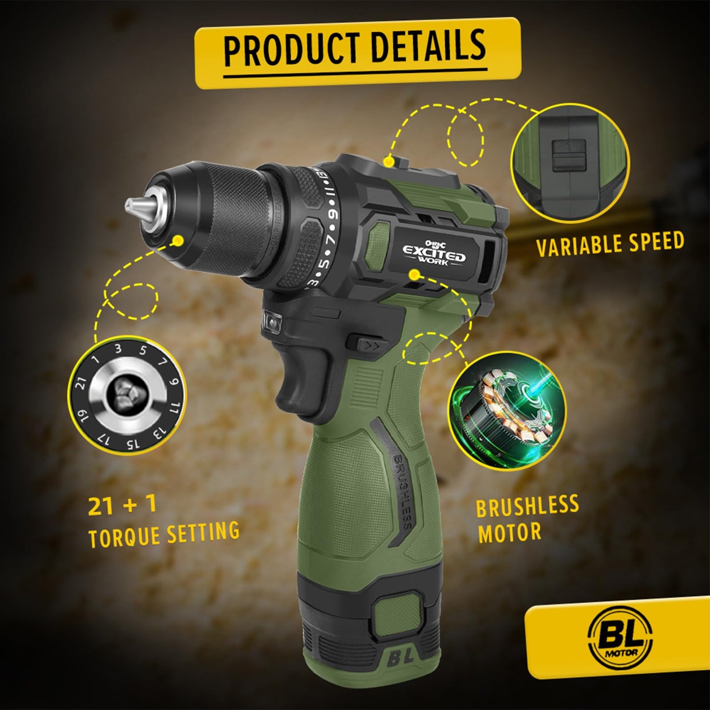 LAZYLAND 17V Brushless Screwdriver Drill Set, 140Nm Cordless Impact Driver & 55Nm Electric Drill with 3 Adjustable Speed, 2 Batteries and Led Work Light