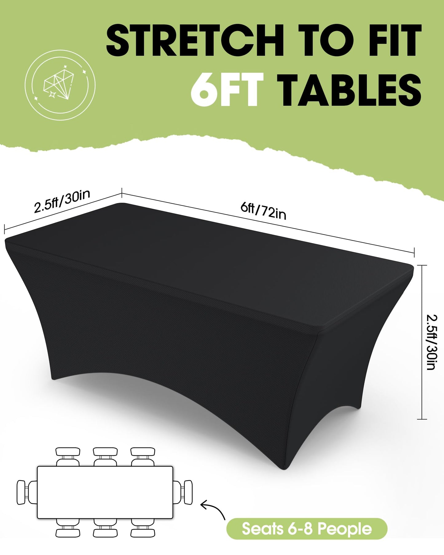 Pureegg Spandex Tablecloth 6ft - 6 Pack, Fitted and Stretch Table Cover for Rectangle Tables, Wrinkle-Resistant and Secure Fabric for Outdoor, Picnic, Party, Wedding, Banquet and Birthday, Black