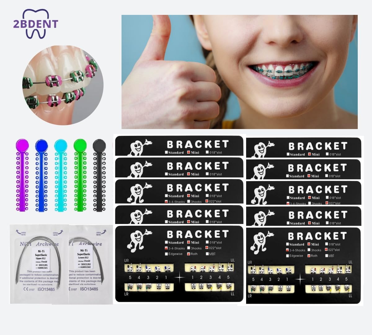 2BDENT Dental Braces Kit Orthodontic Metal Braces Kit, Orthodontic Ligature Ties Kit