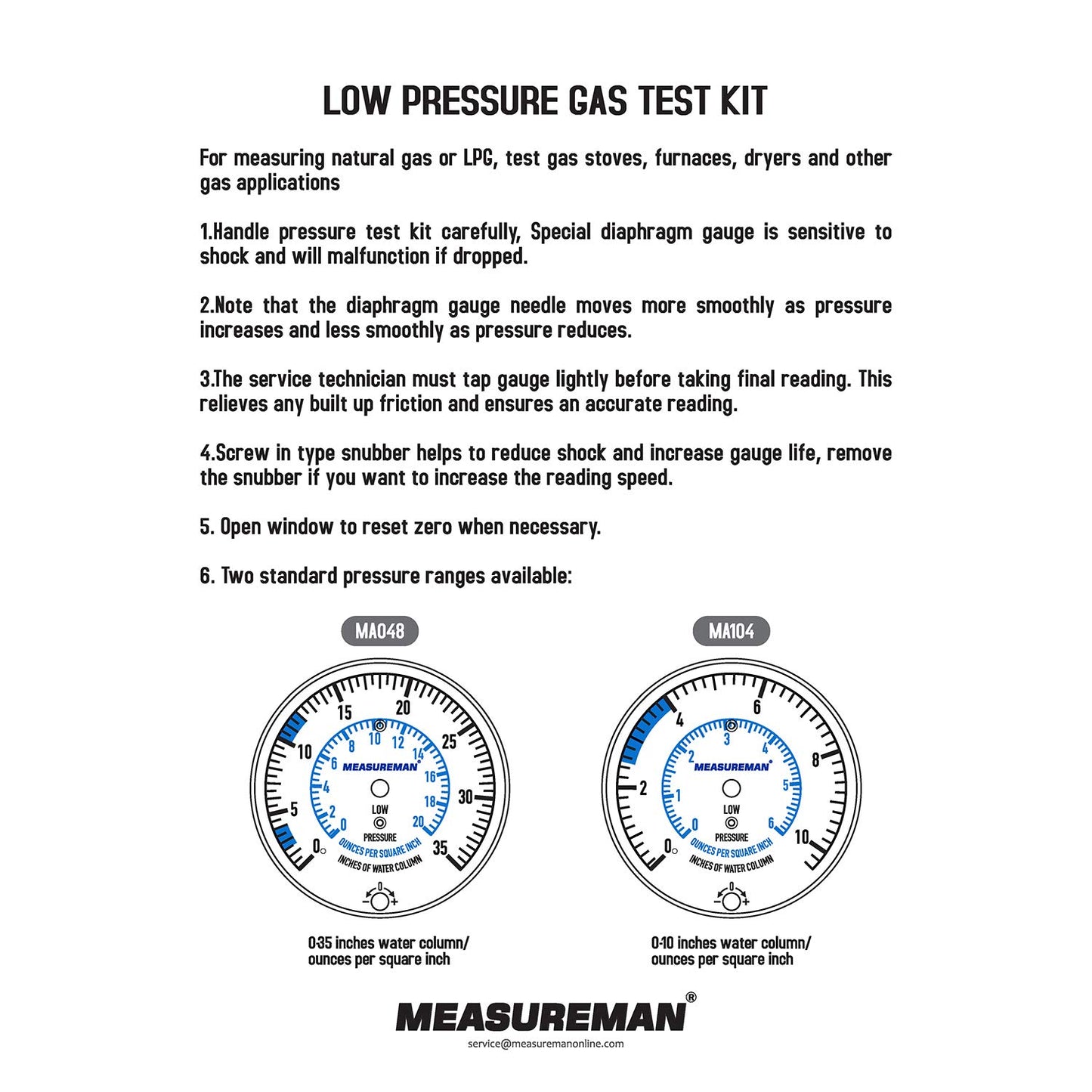 Measureman Natural Gas or LP Gas Manifold Pressure Test Kit, 0-35 "W.C., 1/4"NPT, 40" Length Hose