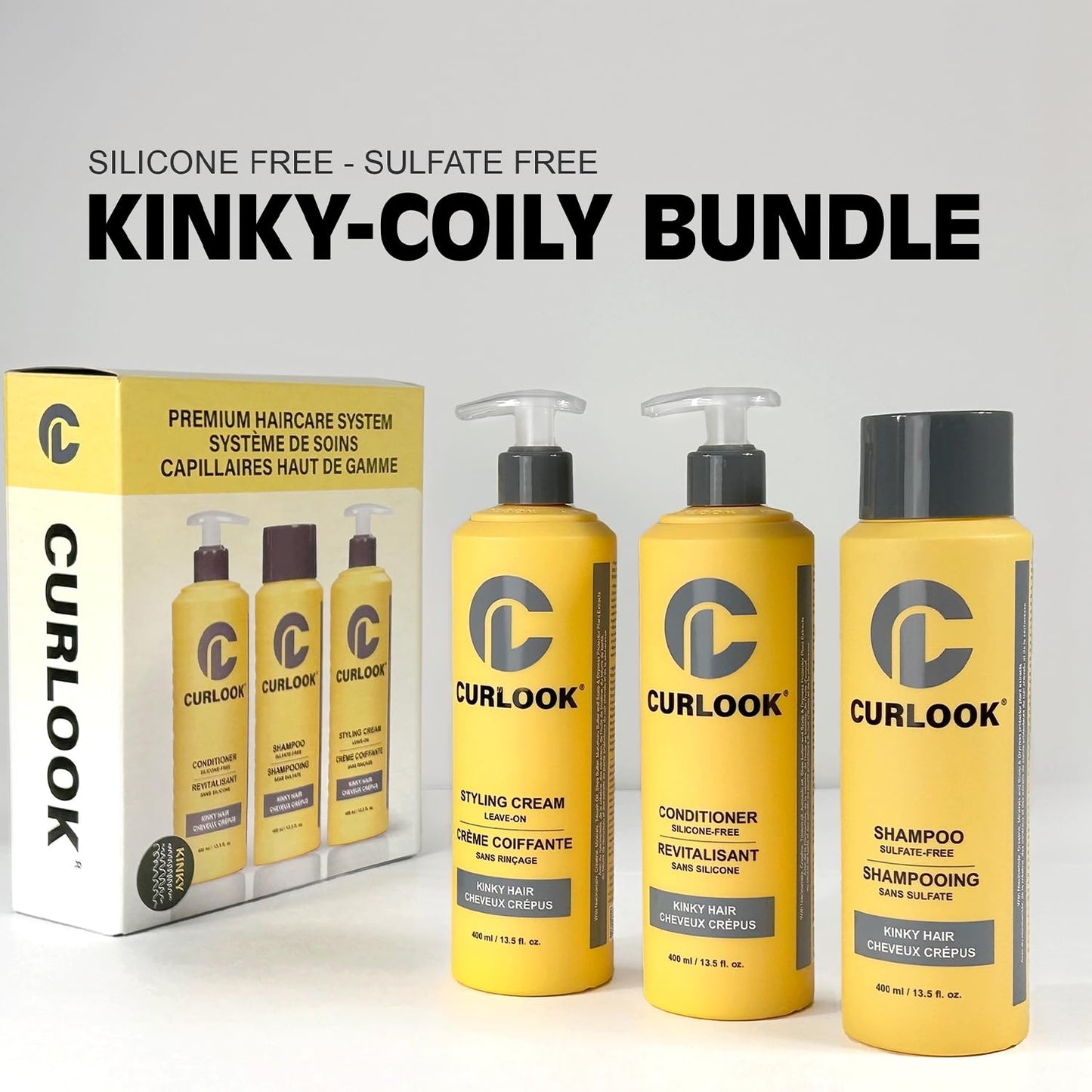 Curlook Kinky-Coily Hair Package | Shampoo, Conditioner & Leave-In Styling Cream Set | Sulfate-Free, Silicone-Free | 400ml (13.5 oz) Each Bottle | Made in Canada Curly Hair Products | Pack of 3