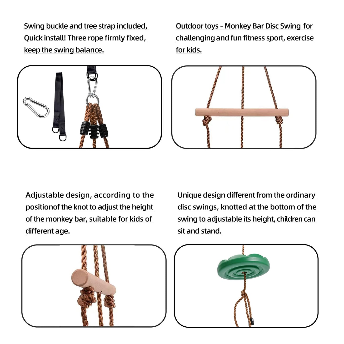KINSPORY Swing for Kids, 78'' Adjustable Disc Tree Swing for Backyard, Monkey Bars Rope Swing with Hanging Strap, Carabiner for Zipline Outdoor Play Equipment Swing Set Accessories - Green