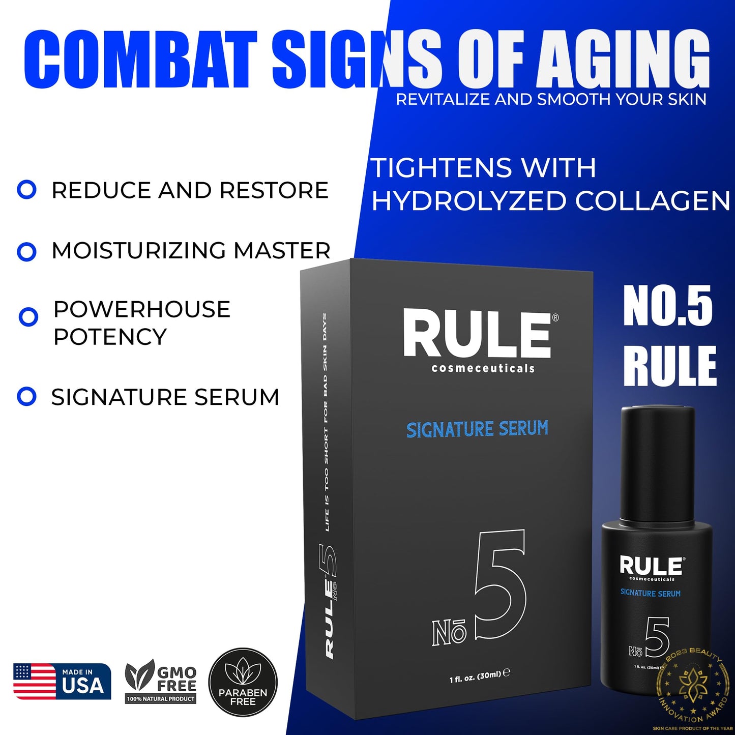 RULE Vitamin C Face Serum for Men with Hyaluronic Acid, Caviar & Niacinamide - Anti Aging Serum for Face Fine Lines, Wrinkles, Dark Spots, Brightening Skin - Antioxidant Facial Serum for Men, 1 Fl Oz