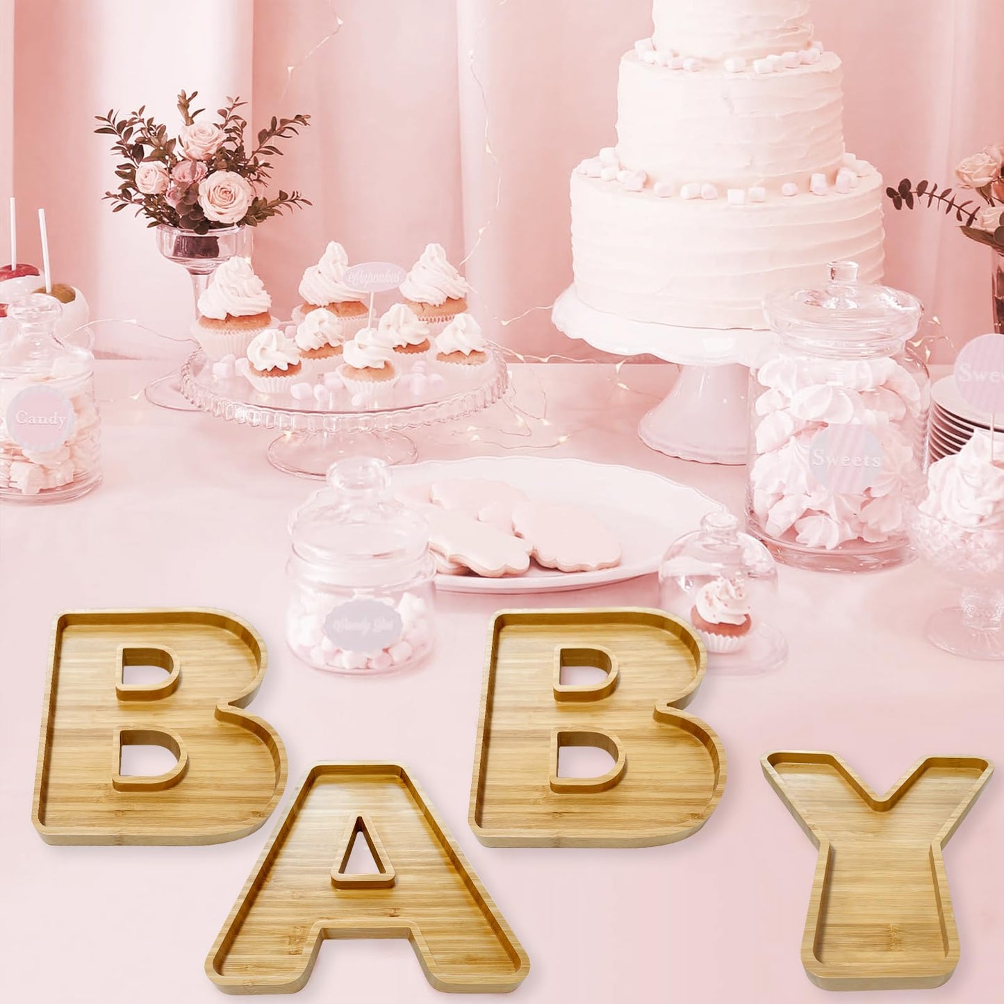 4Pcs Baby Shower Wooden Charcuterie Baby Shaped Letter Serving Tray Board Dish Decorative Platter for Snack Food Cake Cookies for Baby Shower Birthday Party(Wood)