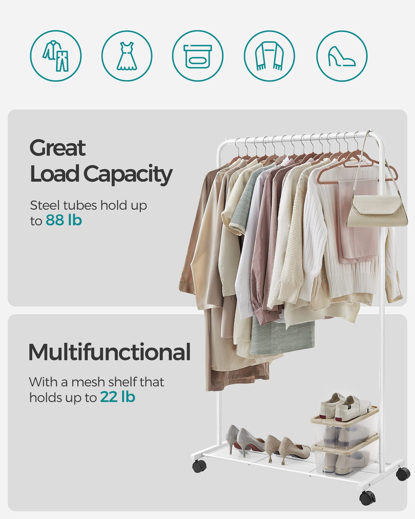 SONGMICS Clothes Rack with Wheels, Clothing Rack for Hanging Clothes, 25.4 mm Metal Garment Rack with Dense Mesh Storage Shelf, 110 lb Load Capacity, 2 Brakes, Cloud White UHSR025W01
