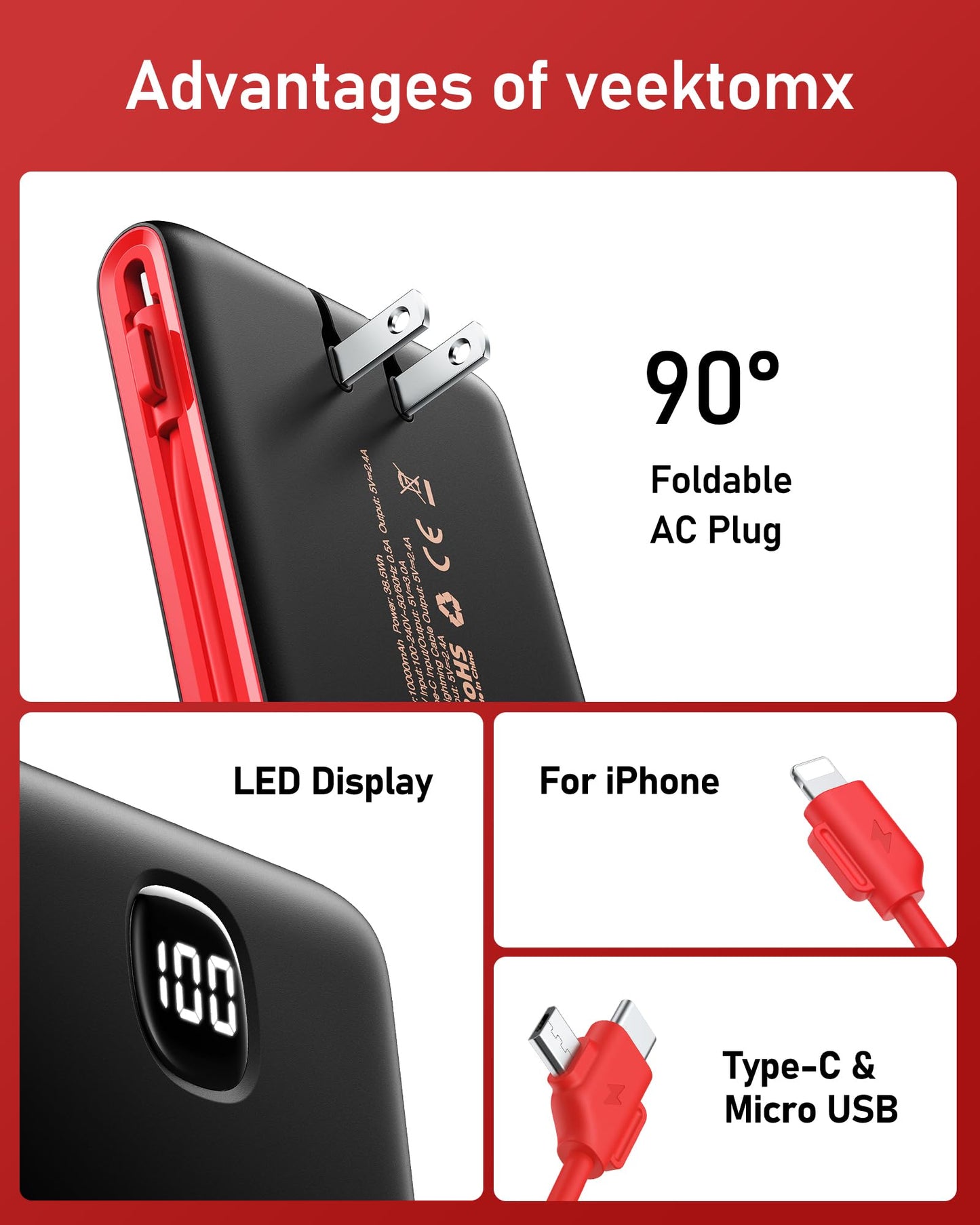 VEEKTOMX Portable Charger with Built in Cables 10000mAh, Power Bank for iPhone with AC Wall Plug, Fast Charging USB C Slim Battery Pack with LED Display Compatible with iPhone15/14/13, Samsung
