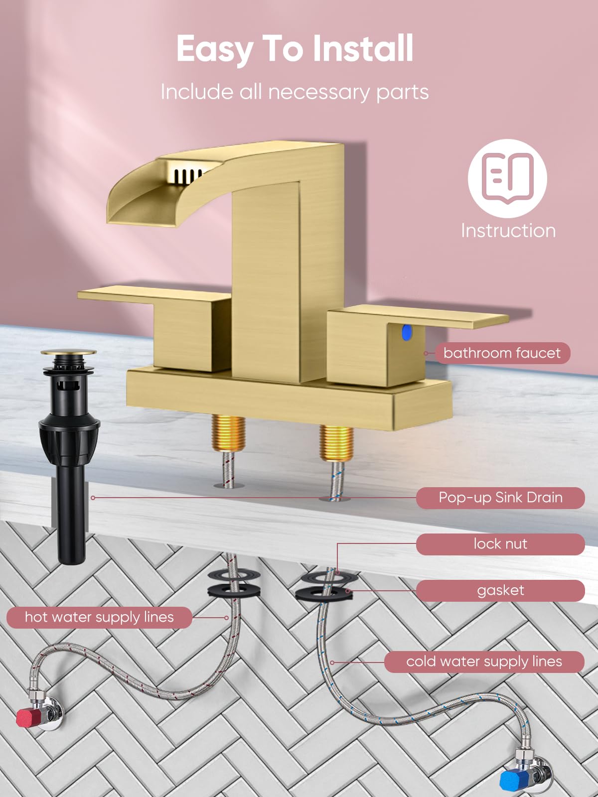 Cobbe Waterfall Bathroom Faucets 3 Hole, Brushed Gold Bathroom Sink Faucet Square 4 Inch Centerset with Pop-Up Drain, 2 Handle and 2 Supply Hoses, Lead-Free Stainless Steel for Vanity Sink Rv