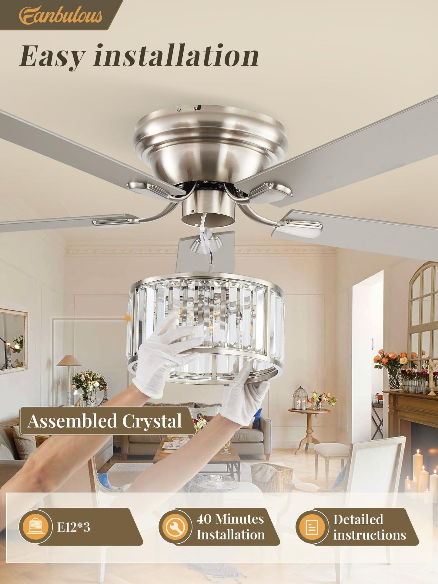 56 Inch Modern Crystal Chandelier Fan, Brushed Nickel Fandelier Ceiling Fan with Light, 6-Speeds, Quiet Reversible DC Motor, Flush Mount Ceiling Fan with Lights for Bedroom, Living Room