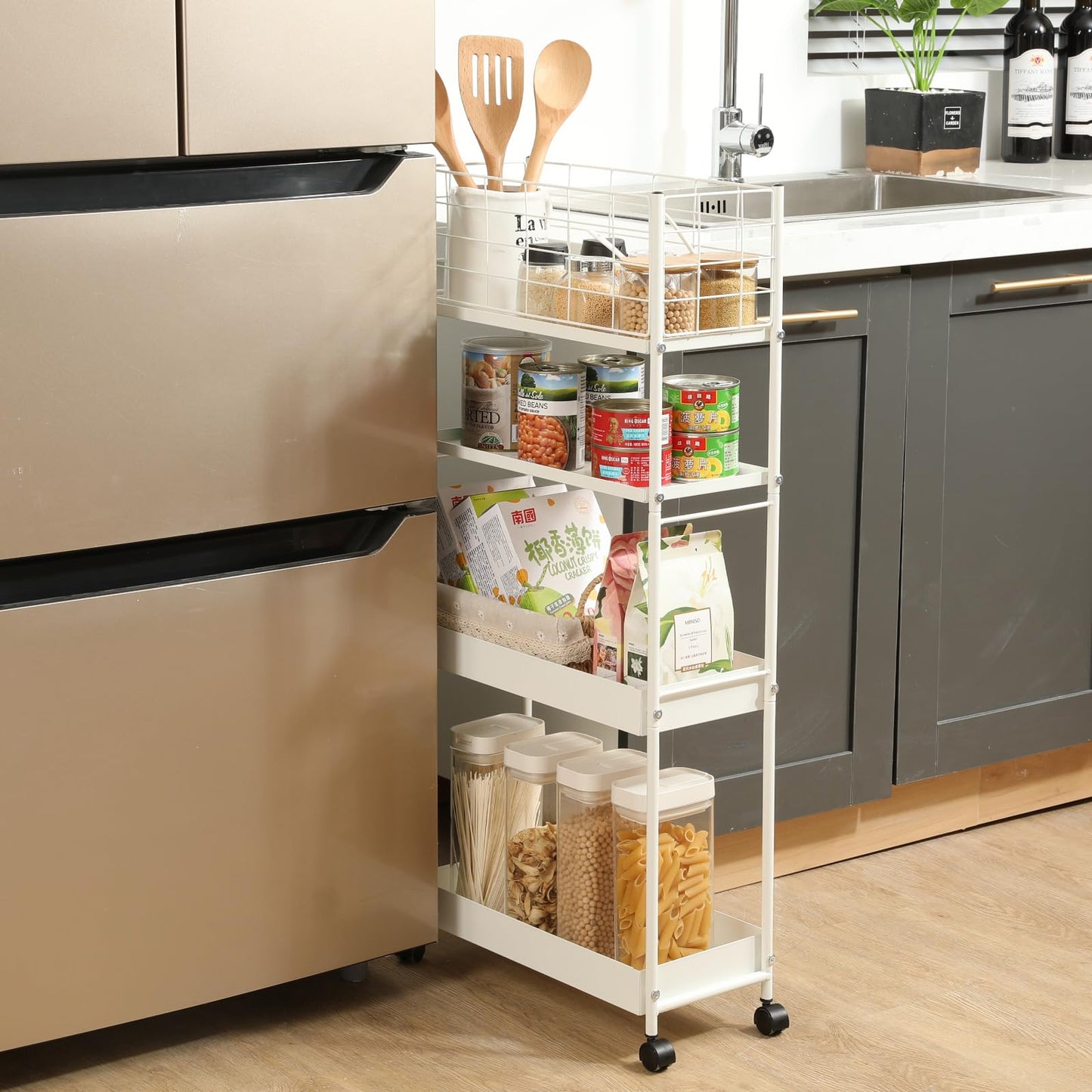 KINGRACK Slim Rolling Storage Cart 4 Tier - Heavy Duty Metal Utility Cart with Raised Edge & Wheels, Narrow Mobile Organizer Shelves for Bathroom, Kitchen, Laundry, Office, Living Room, White