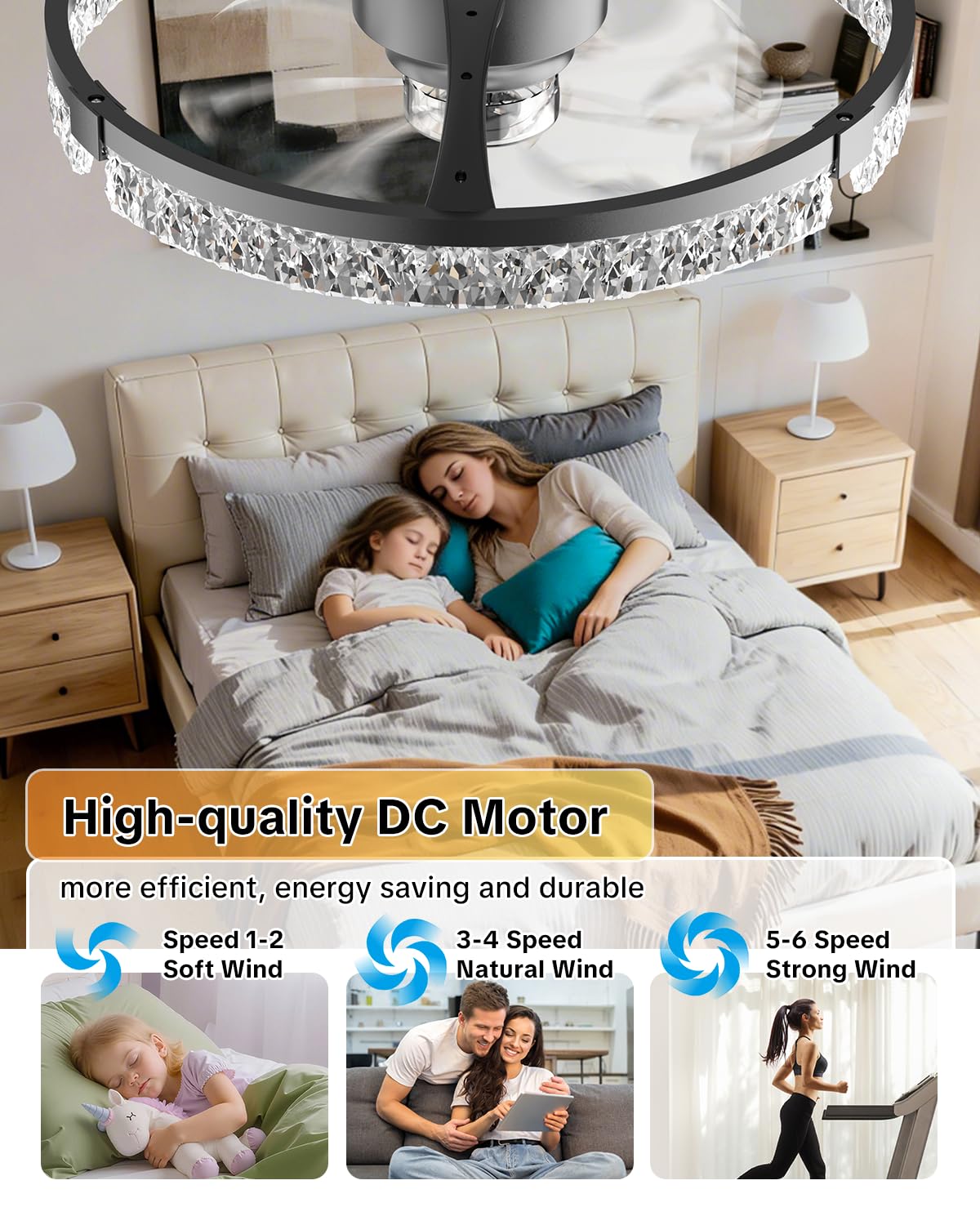 AIKVSXER 20" Low Profile Ceiling Fan with Light and Remote, Dimmable LED Flush Mount Ceiling Fan, 6 Speeds, White Modern Design for Bedroom/Living Room （Black-Crystal）