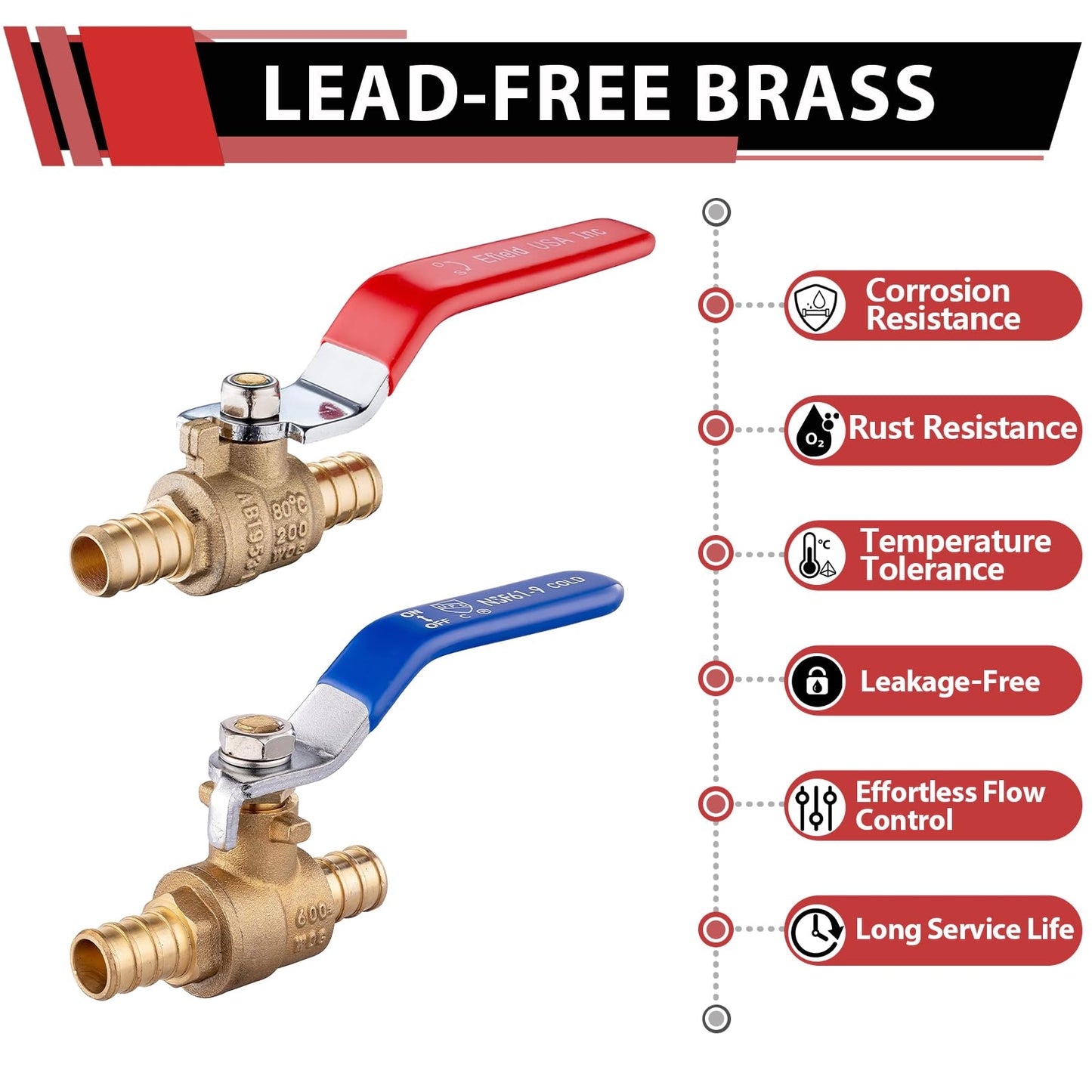 (Pack of 10) EFIELD 1/2 Inch Pex Crimp Brass Full Port Shut-off Ball Valve for Hot and Cold Water, UPC Certified
