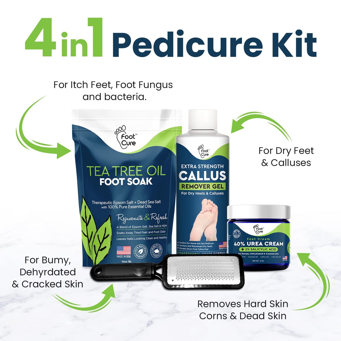 Foot Cure Foot Care/ Exfoliator & Callus Remover Pedicure Set – Includes Foot File for Dead Skin, Tea Tree Oil Foot Soak Salts, Urea Cream 40 Percent & Foot Callus Removal Gel – Made in USA
