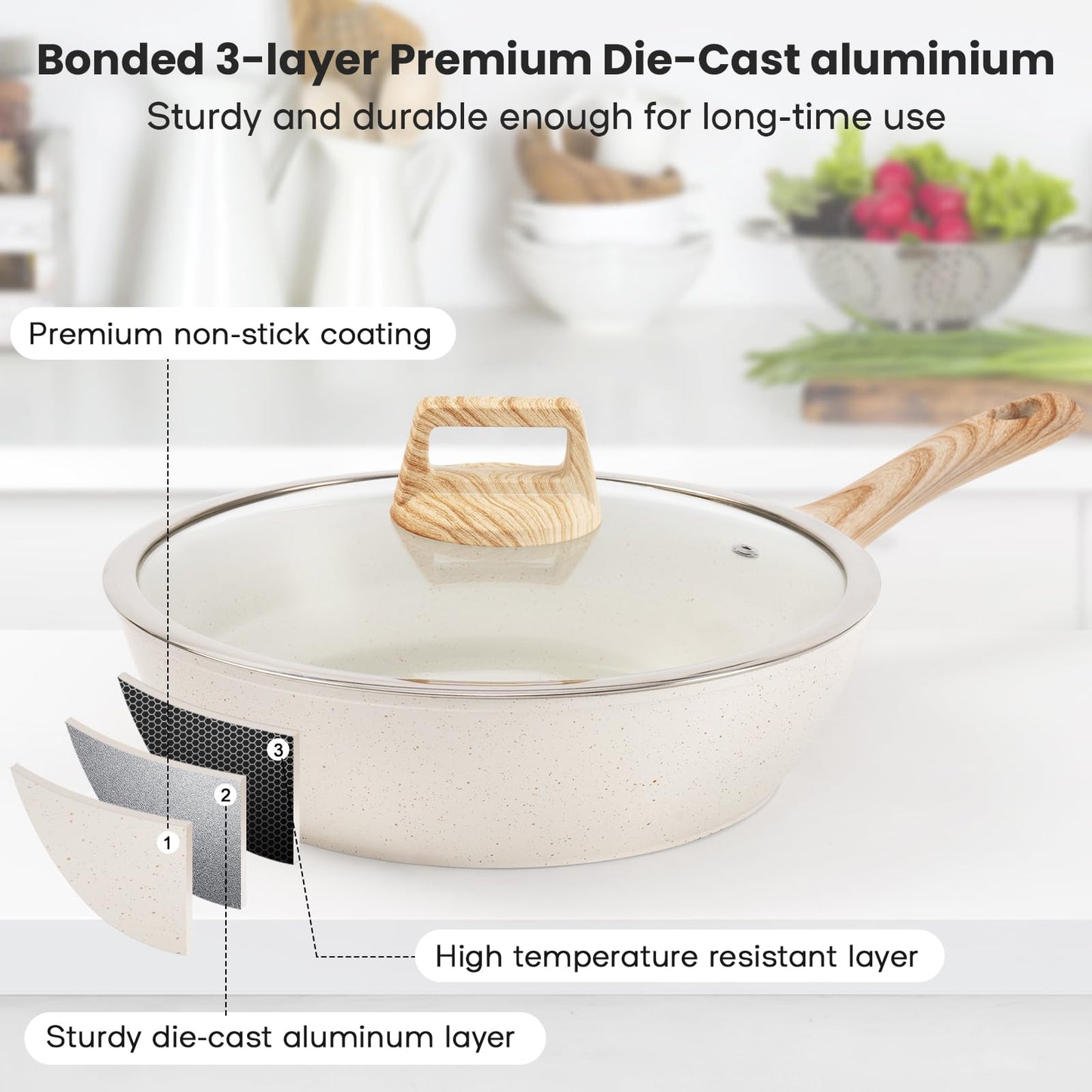 SODAY 12 Pcs Pots and Pans Set, Nonstick Cookware Sets White Granite Induction Cookware, Non-toxic Healthy Non Stick Kitchen Cooking Set with Frying Pans Set, Saucepans,Steamer (PFAS, PFOA, PFOS Free)