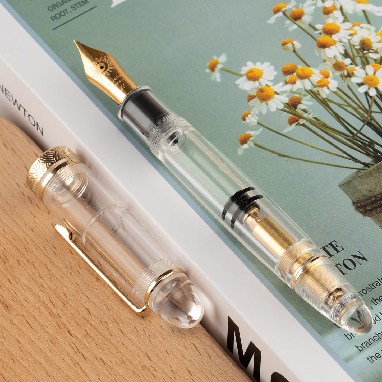 erofa Majohn P140 Piston Fountain Pen NO.8 Fine Nib, Large Capacity Transparent White Acrylic Writing Gift Pen with Box